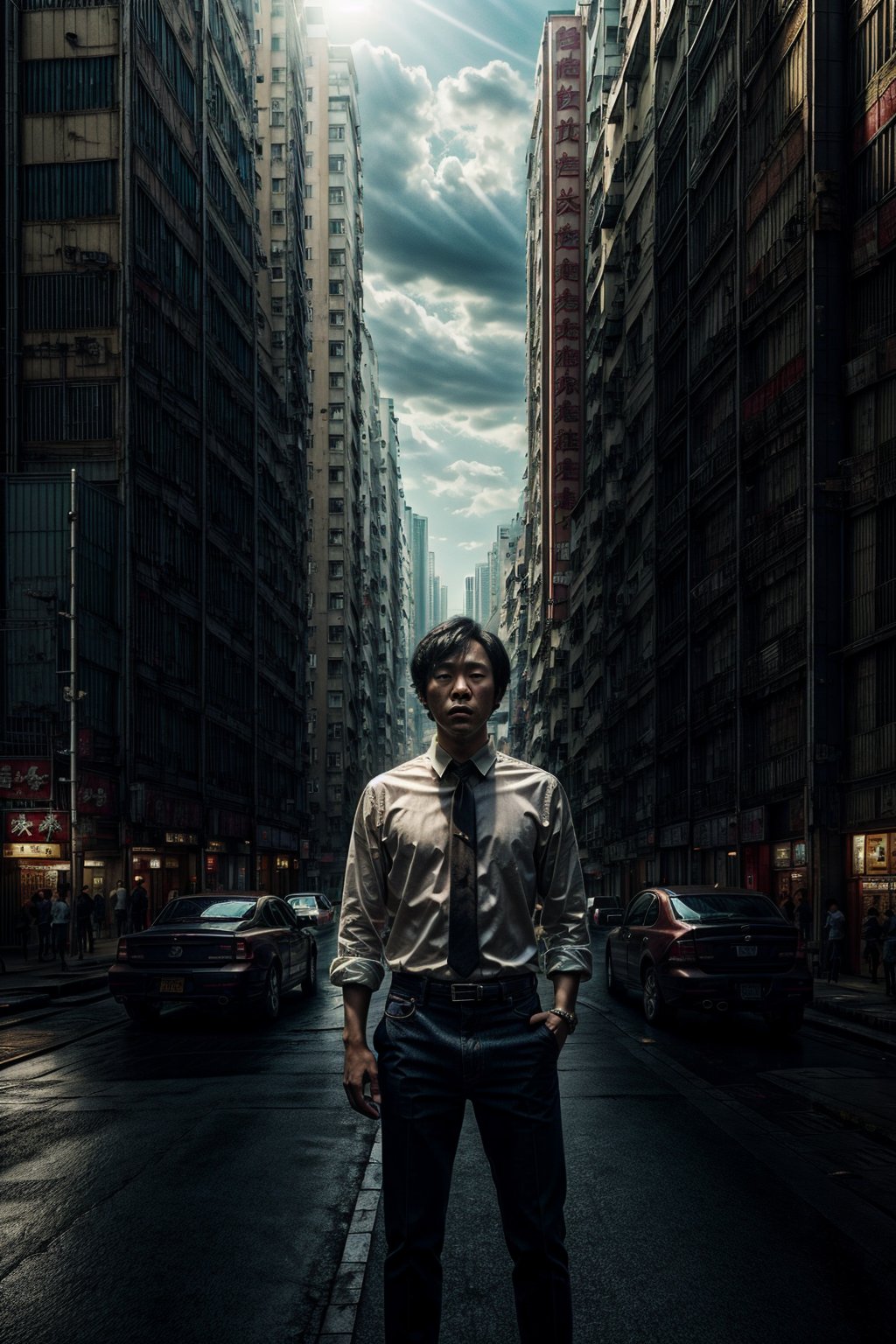 1man,((male)),looking at viewer, short hair, shirt, black hair, closed mouth, standing, (white collared shirt),(rolled up long sleeves). male focus, outdoors, pants, black pants, box, jeans, realistic, shop, a picture by Ni Yuanlu, pexels contest winner, photorealism, still from a live action movie, in style of kar wai wong, a still of kowloon, movie still 8 k, japanese live-action movie, cinematic. by leng jun, 8 k movie still,shop, realistic