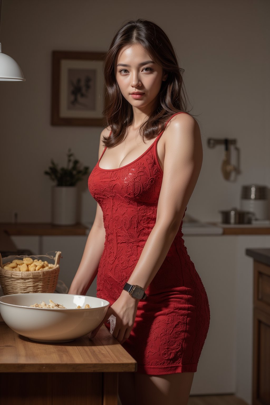 beautiful 40-year-old housewives with alluring eyes on kitchen cute pose, super model, cinematic shot in the style of denis villeneuve, (looking at viewer), masterpiece