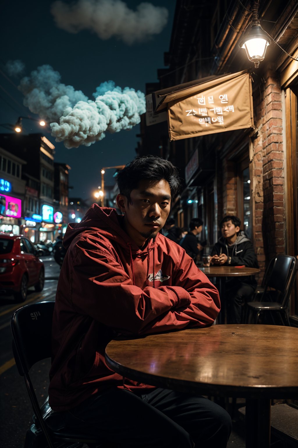 asian man sitting at a table in a city at night, both hand on pocket, mid shot portrait, shot on sony a 7 iii, shot with sony alpha 1 camera, shot on canon eos r 5, shot on canon eos r5, shot with sony alpha, outlive streetwear collection, portrait shot, 7 0 mm portrait, south korean male, solo portrait, 60mm portrait, HyperSmoke, dark, background, black, backlit, theme,realistic