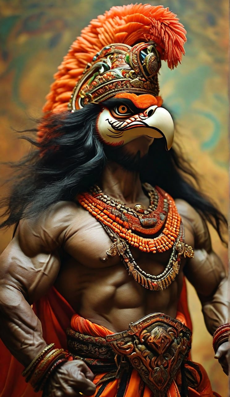 A powerful Bujang Ganong stands majestically, big nose prominent, bulging eyes gleaming with fierce intensity. Wide mouth showcases razor-sharp teeth, as he dances with agility and strength. Lion-like hair flows wildly around him, atop a peacock fur hat that adds to his regal aura. Lean and muscular physique is accentuated by traditional Javanese attire: a bright vest, waistcloth, and vibrant accessories, all set against a warm background.
