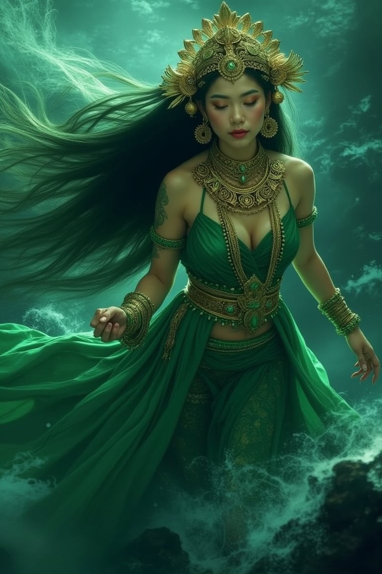 A mystical queen, Nyi Roro Kidul, emerges from the dark depths of the Southern Sea, her ethereal beauty and regal presence captivating all who lay eyes on her. Her long flowing hair flows like seaweed in the ocean's currents as she wears traditional Javanese attire in shades of green, her signature hue. Majestic jewelry adorns her goddess-like form, symbolizing her status as a sea deity. A golden war chariot rises from the waves, accompanied by her undead soldier, an eerie yet awe-inspiring escort.