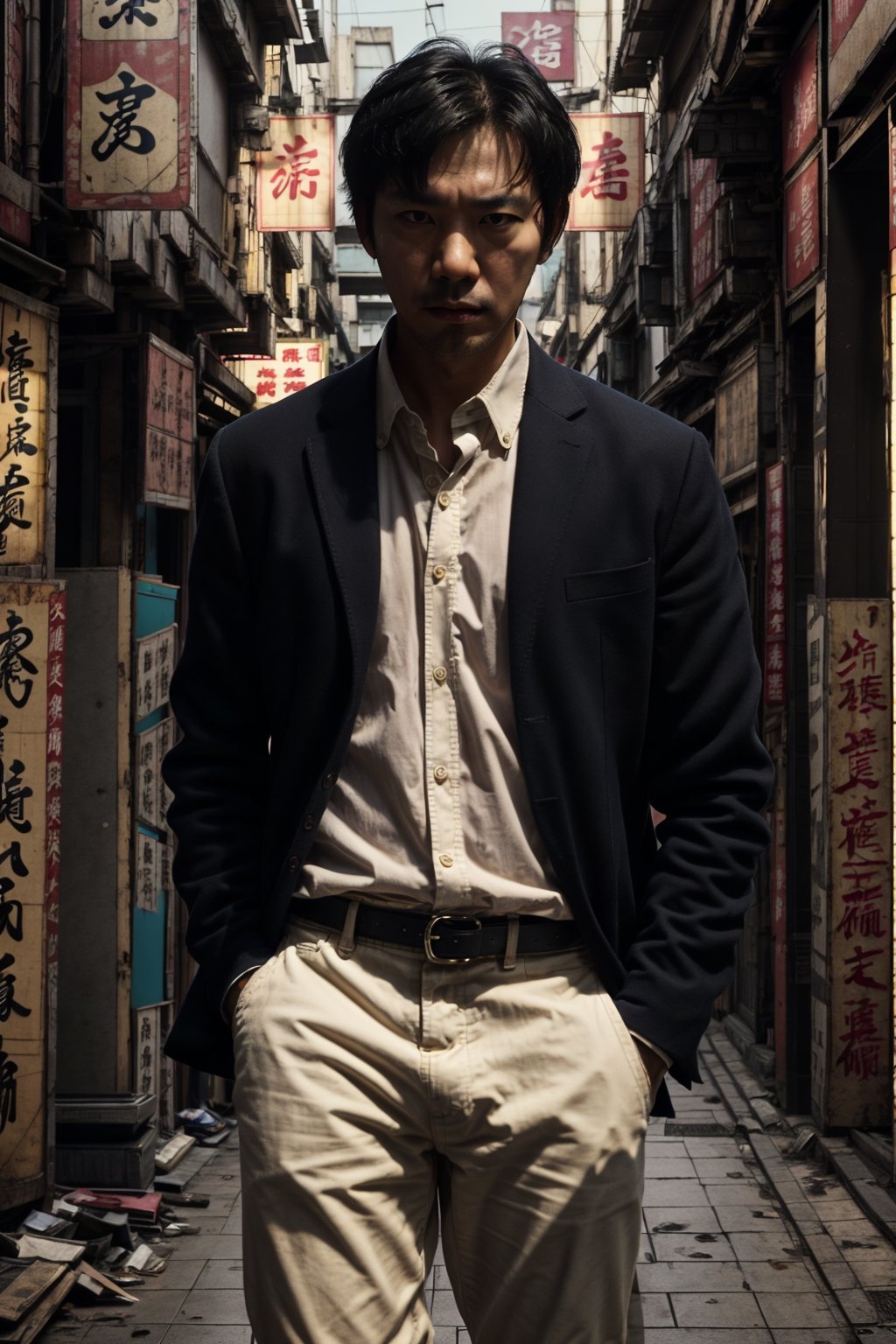 1man,close up photo, ((male)),looking at viewer, short hair, shirt, black hair, closed mouth, standing, white shirt, (white collared shirt),(rolled up long sleeves). male focus, outdoors, pants, black pants, box, jeans, realistic, shop, a picture by Ni Yuanlu, pexels contest winner, photorealism, still from a live action movie, in style of kar wai wong, a still of kowloon, movie still 8 k, japanese live-action movie, cinematic. by leng jun, 8 k movie still,shop, realistic