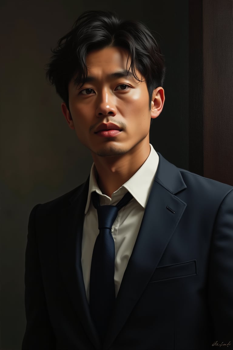 Oil painting, Oil painting art. Oil Painting Portrait oil art, amazing quality, masterpiece, best quality, highres, breathtaking. asian man in a suit and tie posing for a picture, short wavy hair, dark suit jacket, light-colored dress shirt,  looking slightly to the side, indoor environment, dark background with focused lighting, dramatic shadows, formal atmosphere, close-up shot, front view. portrait art style,portrait from head to waist, concept art,modern theme . The composition is centered, focusing on captivating expression, rendered with visible brush strokes and detailed oil application, reminiscent of Goya's work.