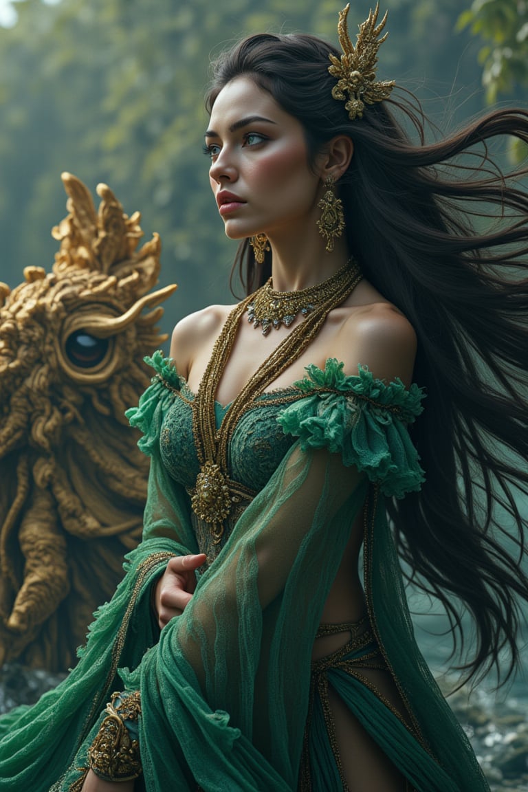 A mystical queen, Nyi Roro Kidul, emerges from the dark depths of the Southern Sea, her ethereal beauty and regal presence captivating all who lay eyes on her. Her long flowing hair flows like seaweed in the ocean's currents as she wears traditional Javanese attire in shades of green, her signature hue. Majestic jewelry adorns her goddess-like form, symbolizing her status as a sea deity. A golden war chariot rises from the waves, accompanied by her undead soldier, an eerie yet awe-inspiring escort.