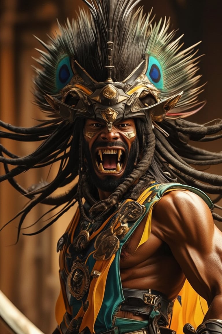 Bujang Ganong, a fierce soldier from ancient Java tribe, stands tall, dancing with fierce abandon. His lion-like hair flows wildly as he wears a majestic peacock fur hat. Bulging eyes gleam with intensity, and a wide mouth showcases sharp, animal-like teeth. A lean, agile physique radiates physical strength and agility. Framed against a warm background, his traditional Javanese attire shines: a bright color vest, waistcloth, and vibrant accessories accentuating his warrior persona