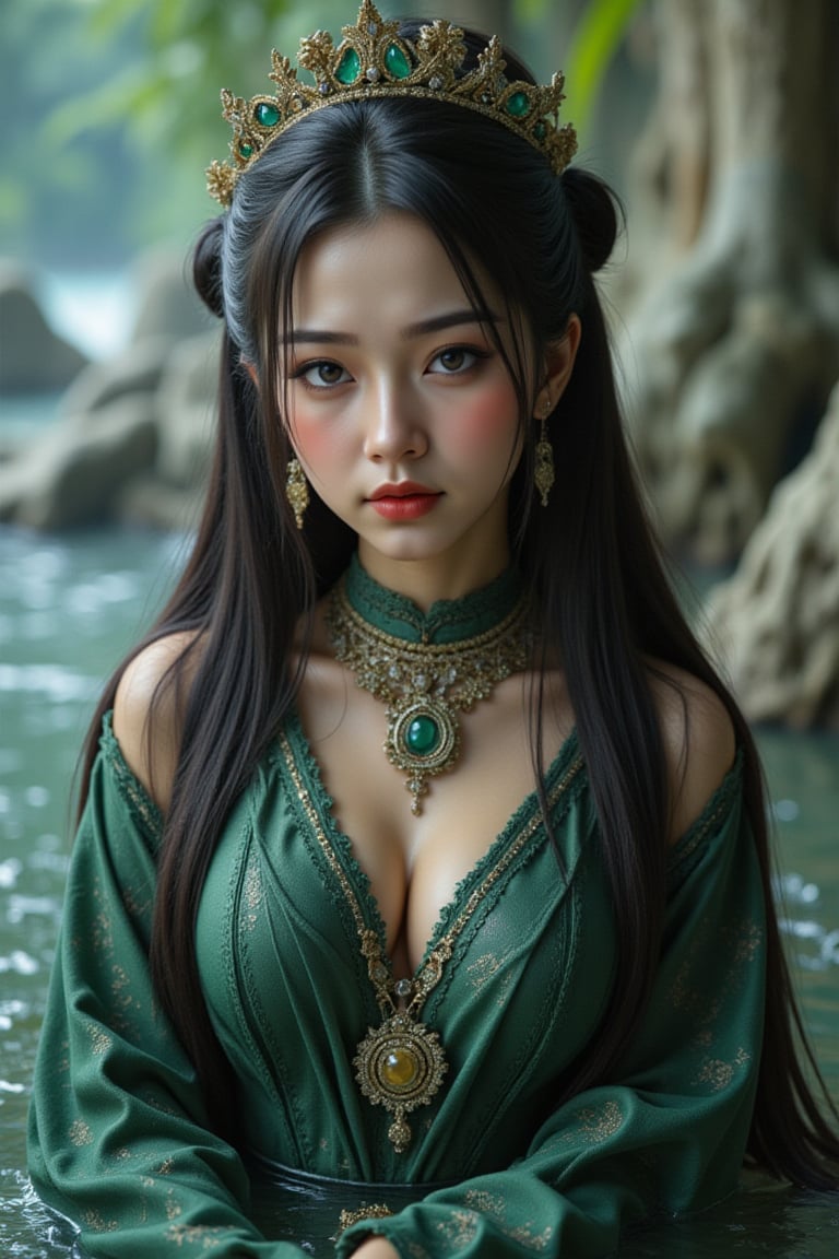 A mystical queen, Nyi Roro Kidul, emerges from the dark depths of the Southern Sea, her ethereal beauty and regal presence captivating all who lay eyes on her. Her long flowing hair flows like seaweed in the ocean's currents as she wears traditional Javanese attire in shades of green, her signature hue. Majestic jewelry adorns her goddess-like form, symbolizing her status as a sea deity. A golden war chariot rises from the waves, accompanied by her undead soldier, an eerie yet awe-inspiring escort.