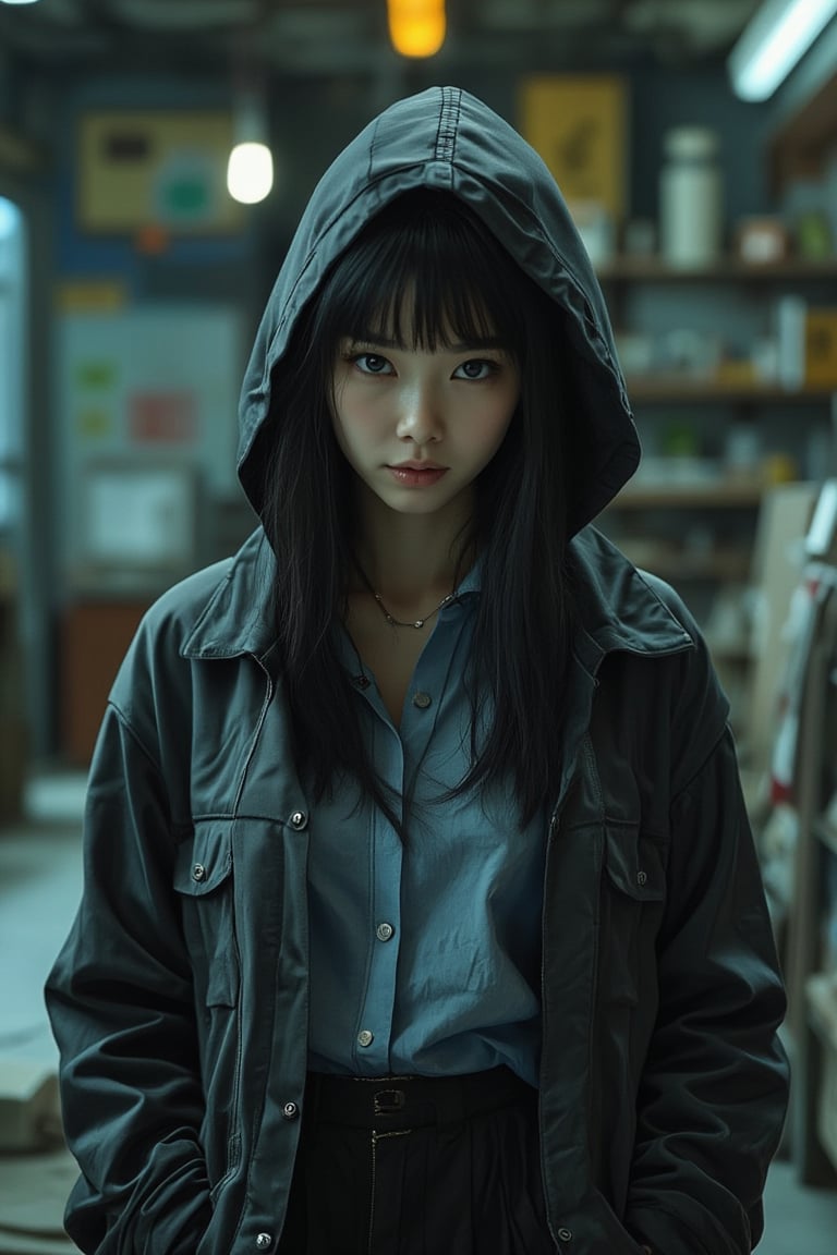 1girl,((woman)),looking at viewer, straight hair, shirt, black hair, long sleeves, closed mouth, sit, jacket, indoors, open clothes, pants, hood , open jacket, shirt, black pants, denim, box, jacket, jeans, realistic, hands in pockets, shop,((fit body)), rundown room, with peeling wallpaper and worn-out furniture ,abandoned building, solo focus, a picture by Ni Yuanlu, pexels contest winner, photorealism, still from a live action movie, in style of kar wai wong, a still of kowloon, movie still 8 k, japanese live-action movie, cinematic. by leng jun, 8 k movie still,TR mecha style, realistic