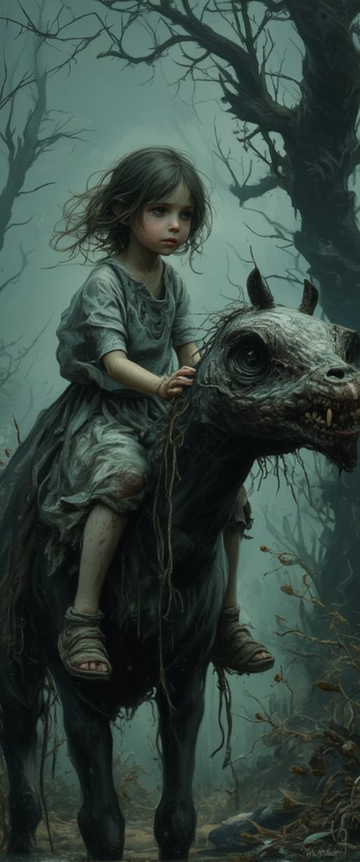 A somber, misty forest setting at dusk, with twisted tree branches like skeletal fingers grasping towards the sky. A small, melancholic girl in a tattered dress ride  A grotesque character, a figure with a slender yet muscular physique, its jawline protruding as two sharp fangs sprout from below like wicked daggers. The girl's face is deathly pale, her eyes sunken with a mix of fear and fascination as she gazes up at her monstrous companion.