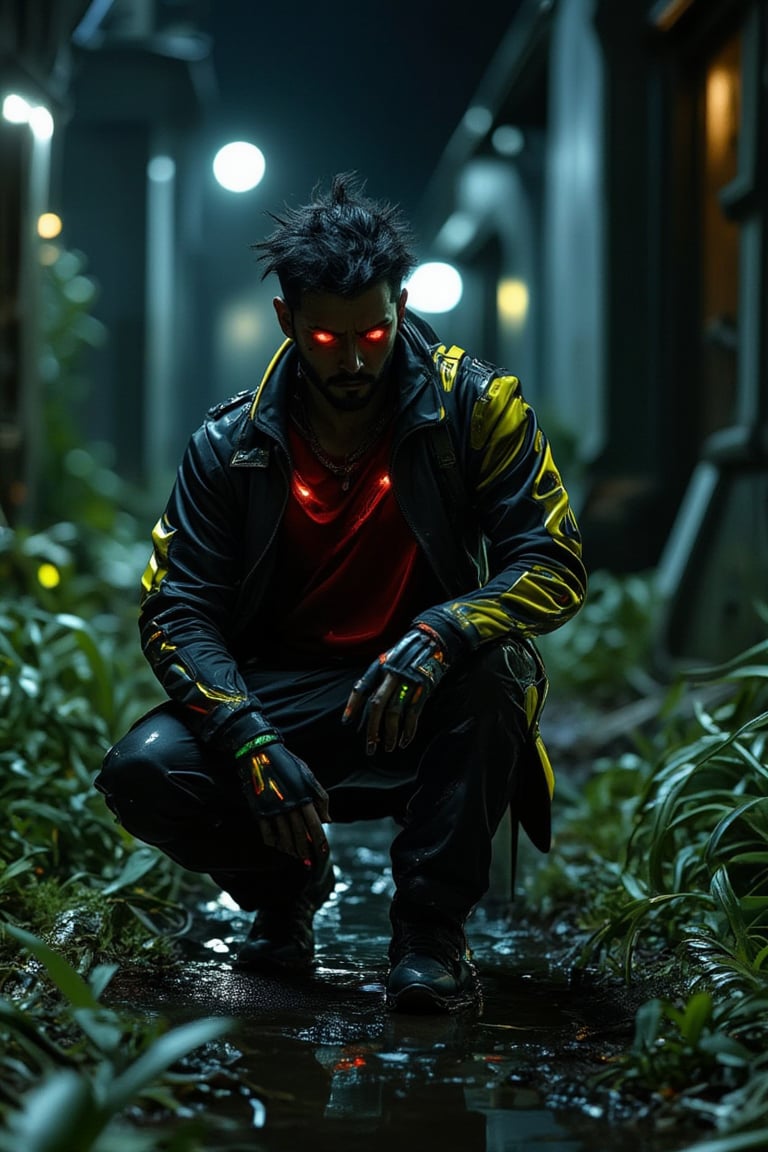 
rugged asian man in a red shirt and bomber jacket, baggy pants,lime green in detail,dirty and wet skin,  cyberpunk dark fantasy, squat position, sneaker shoes, long tech wear jacket, oily skin, graveyard at night setting is illuminated by dramatic, high-contrast lighting, creating a moody, mysterious atmosphere. at night, haunting beauty of the scene. worm view photoshoot
