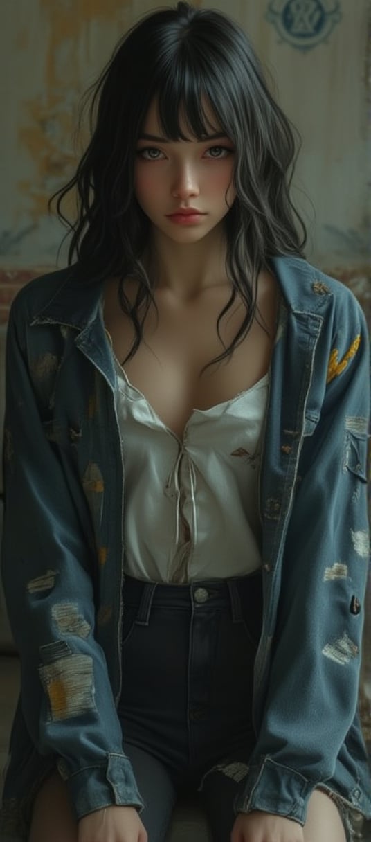 1girl,((woman)),looking at viewer, straight hair, shirt, black hair, long sleeves, closed mouth, sit, jacket, indoors, open clothes, pants, hood , open jacket, shirt, black pants, denim, box, jacket, jeans, realistic, hands in pockets, shop,((fit body)), rundown room, with peeling wallpaper and worn-out furniture ,abandoned building, solo focus, a picture by Ni Yuanlu, pexels contest winner, photorealism, still from a live action movie, in style of kar wai wong, a still of kowloon, movie still 8 k, japanese live-action movie, cinematic. by leng jun, 8 k movie still,TR mecha style, realistic