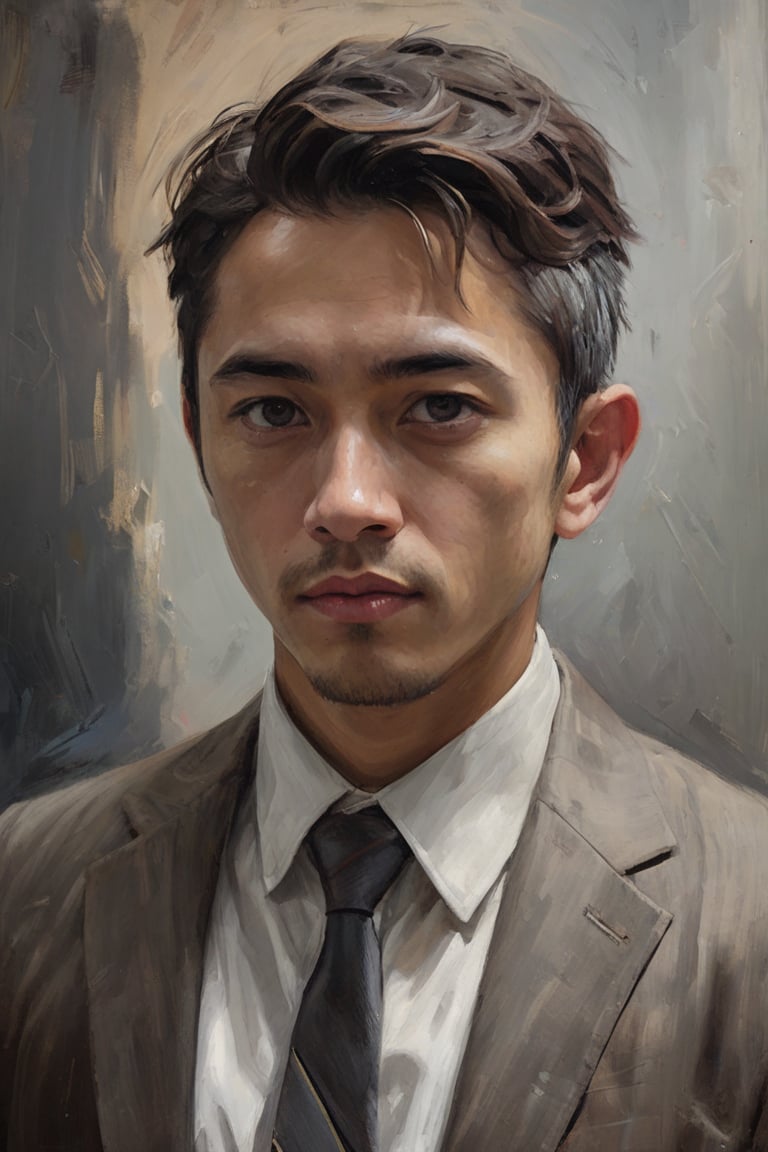 Oil painting, Oil painting art. Oil Painting Portrait oil art, amazing quality, masterpiece, best quality, highres, breathtaking. asian man in a suit and tie posing for a picture, short wavy hair, dark suit jacket, light-colored dress shirt, looking slightly to the side, indoor environment, dark background with focused lighting, dramatic shadows, formal atmosphere, close-up shot, front view. portrait art style,portrait from head to waist, concept art,modern theme . The composition is centered, focusing on captivating expression, rendered with visible brush strokes and detailed oil application, reminiscent of Goya's work.