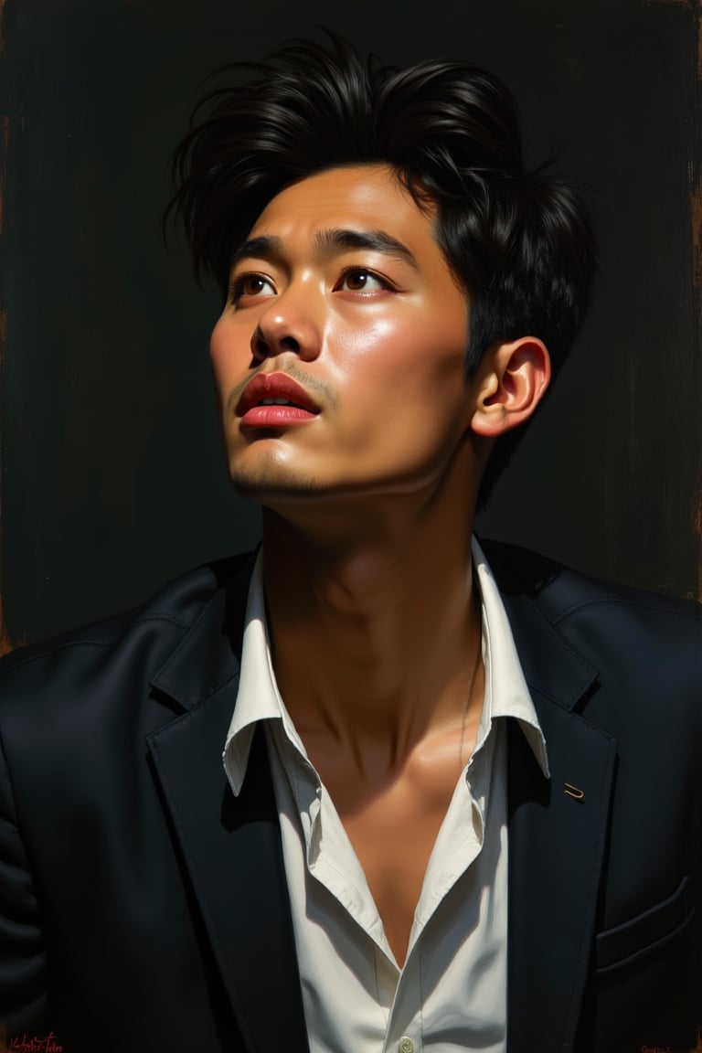 Oil painting, Oil painting art. Oil Painting Portrait oil art, amazing quality, masterpiece, best quality, highres, breathtaking. illustration of an asian man's face, his gaze slightly lifted as if observing something above. The painting captures the subtle sheen on his oily skin, which glistens in the dimly lit environment, keylighting.white collared shirt, blazer . The composition is centered, focusing on captivating expression, rendered with visible brush strokes and detailed oil application, reminiscent of Goya's work.