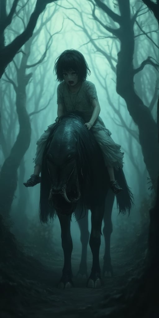  somber, misty forest setting at dusk, with twisted tree branches like skeletal fingers grasping towards the sky. A small, melancholic girl in a tattered dress ride A grotesque character, a figure with a slender yet muscular physique, its jawline protruding as two sharp fangs sprout from below like wicked daggers. The girl's face is deathly pale, her eyes sunken with a mix of fear and fascination as she gazes up at her monstrous companion.