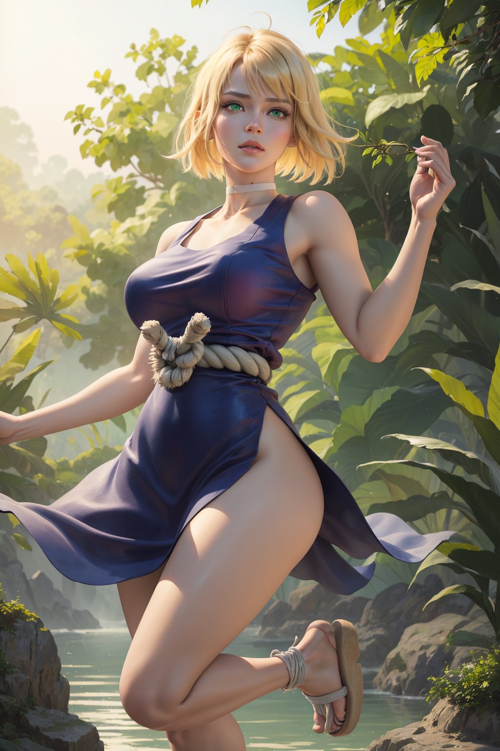 centered, 12 yo kohaku from dr. Stone, blond_hair, wearing bright blue dress (worn out), simple short dress, simple white choker, white clog sandals, rope belt, prehistoric world, jungle, walking, bokeh, depth of field, hyper realism shadows, ((best quality)), ((masterpiece)), ((realistic:1.3)), (detailed:1.3), ultra high res, ,photorealism:1.3, ((perfect hand)) ,raw photo:1.3, ultra detailed,detailed skin, Highly detailed face and skin texture, detailed eyes, double eyelids, very dark green eyes, dynamic light, pose, facial pore detail, full body, view from front and knee up, looking at viewer