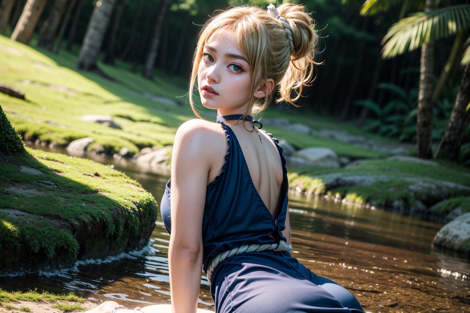 A stunning masterpiece! In the heart of a lush jungle, a 14-year-old Kohaku from Dr. Stone stands out in a vibrant blue dress worn with subtle elegance. Her bright blond hair flows down her back like a river of gold. A simple white choker and rope belt complement the outfit. White clog sandals complete the look.
The camera captures her from a knee-up view, looking directly at us. The bokeh effect creates a sense of depth, while the hyper-realistic shadows add dimensionality to the prehistoric world around her. Her double eyelids and very dark green eyes sparkle with a gentle intensity.
Every detail is meticulously rendered: her facial pores, skin texture, and highly realistic eyes are all showcased in ultra-high resolution. The dynamic light source casts a warm glow, emphasizing her natural beauty. This photograph is a raw masterpiece, capturing the essence of its subject with unparalleled precision.