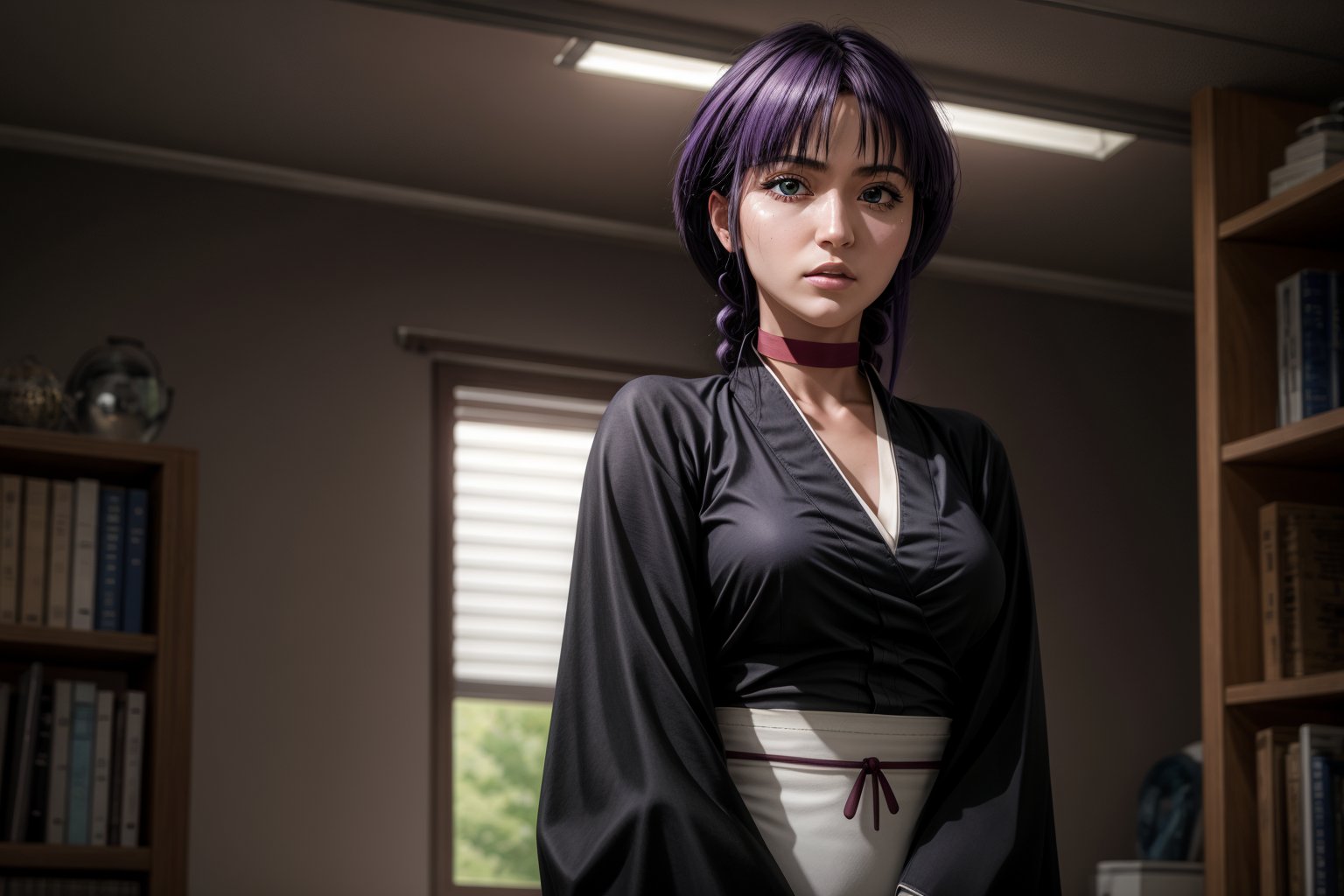 (masterpiece:1.2), best quality, high resolution, unity 8k wallpaper, full body image, (illustration), extremely detailed face, perfect lighting, extremely detailed CG, 1girl, solo, nemu, purple hair, japanese clothes, choker, black kimono:1.3, expresionless, looking at viewer, simple background, parted lips, cowboy shot, short kimono, hands together, frontal view, arm guards, standing