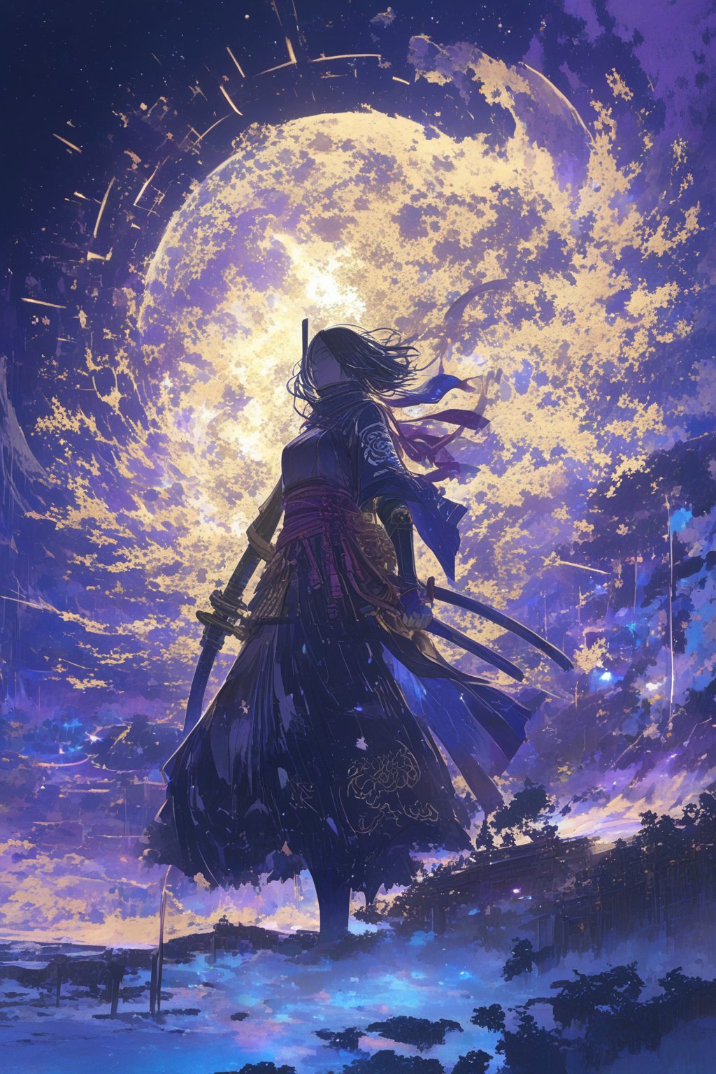Official Art, Unity 8K Wallpaper, Extreme Detailed, Beautiful and Aesthetic, Masterpiece, Top Quality, perfect anatomy, a beautifully drawn (((ink illustration))) depicting, integrating elements of calligraphy, vintage, brown and purple accents, watercolor painting, concept art, (best illustration), (best shadow), Analog Color Theme, vivid colours, contrast, smooth, sharp focus, scenery,

In the depths of space, a cimmerian post-modern space pioneer stands tall, adorned in sleek, futuristic armor. This digital painting captures the explorer in exquisite detail, with metallic hues reflecting the harsh beauty of the cosmos. Their helmet glistens with intricate circuitry, glowing softly against the black void. The artist's attention to shading and texture elevates this image to a stunning masterpiece of sci-fi artistry.............,more detail XL,(Pencil_Sketch:1.2, messy lines,Ukiyo-e,ink,colorful,niji6,samurai,shogun,katana,tanto