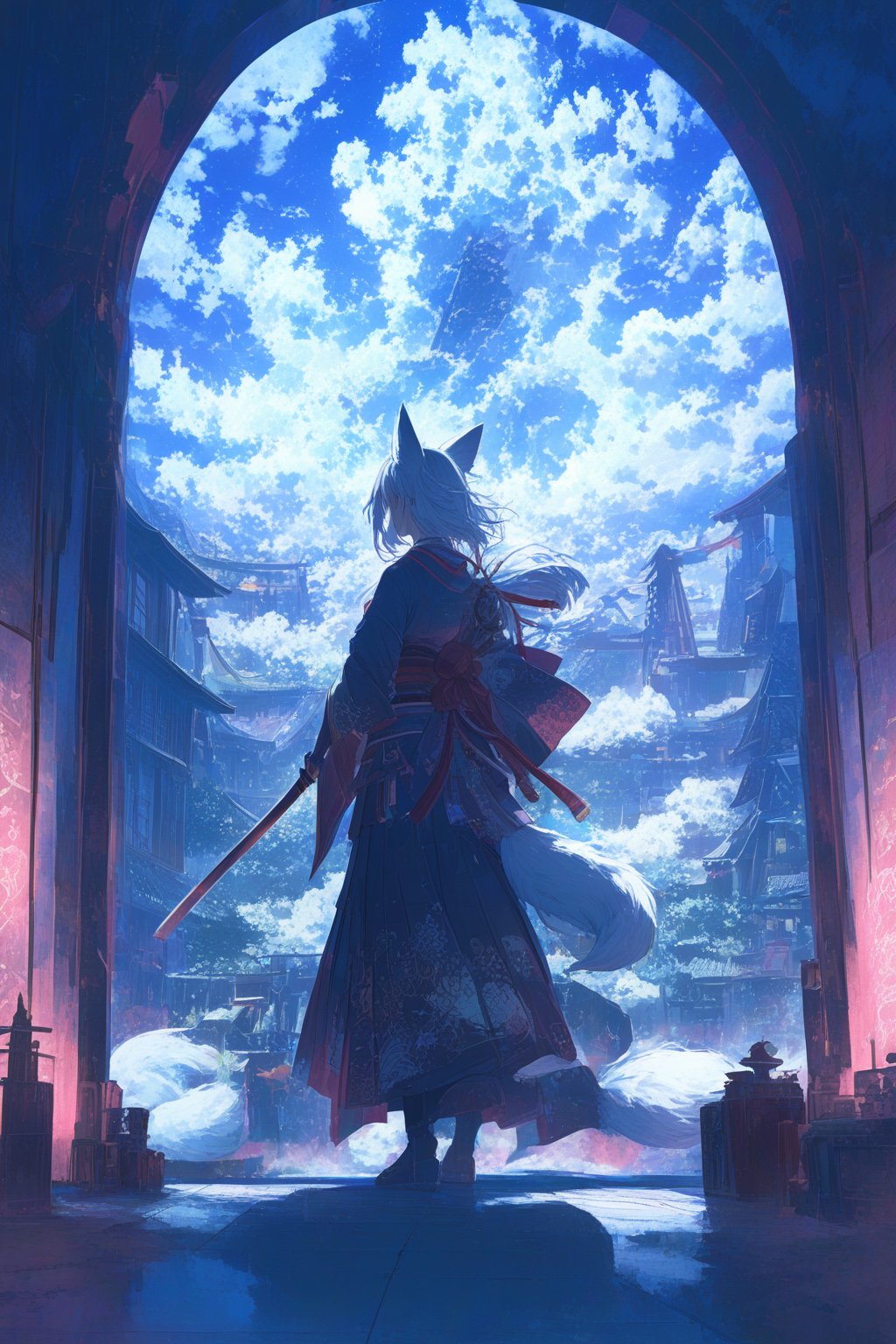 Official Art, Unity 8K Wallpaper, Extreme Detailed, Beautiful and Aesthetic, Masterpiece, Top Quality, perfect anatomy, a beautifully drawn (((ink illustration))) depicting, integrating elements of calligraphy, vintage, red and indigo accents, watercolor painting, concept art, (best illustration), (best shadow), Analog Color Theme, vivid colours, contrast, smooth, sharp focus, scenery,

A dazzling kitsune, a mystical fox spirit in Japanese folklore, is depicted in an atmospheric neo-noir photograph. This captivating image showcases the kitsune's sleek, silver fur shimmering under the dim light, its multiple tails swirling with an otherworldly energy. The piercing red eyes exude both wisdom and danger, radiating a sense of ancient power. The background is a hazy cityscape bathed in neon lights, adding to the surreal and mysterious feel of the scene. The high-definition detail and expert composition make this image a true masterpiece, drawing viewers into a world where the fantastical and the modern collide.................,more detail XL,(Pencil_Sketch:1.2, messy lines,Ukiyo-e,ink,colorful,niji6,samurai,shogun,katana,tanto,amaterasu,scene
