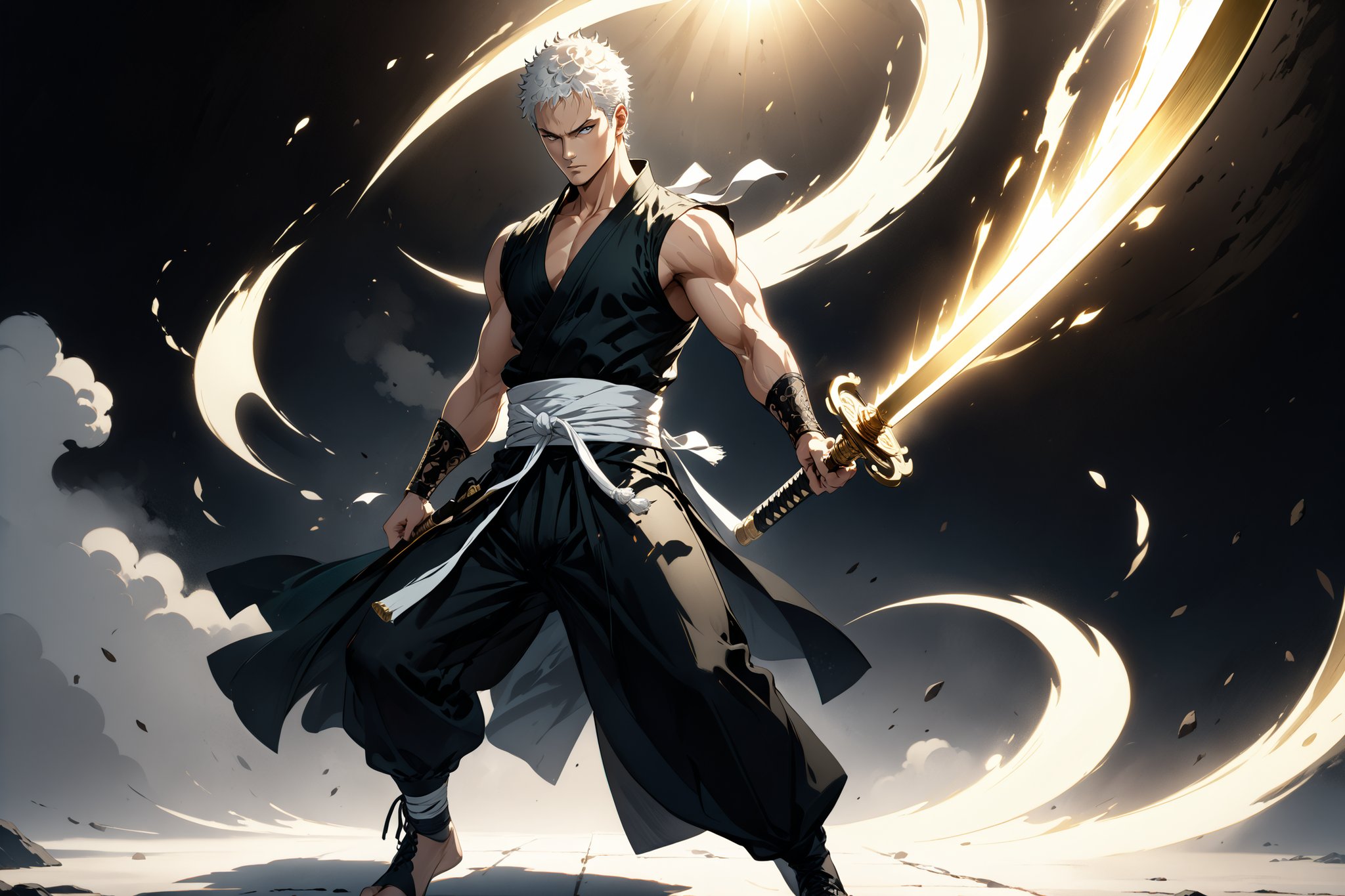 masterpiece, beautiful and aesthetic, ultra detail, intricate, 1male, solo, representation of the legendary martial artist, Roronoa Zoro features, detailed character design, serious expression, (white hair), exquisite body, strong abdominal muscles, (golden armlet:1.2), (black half gloves), black martial arts belt, (black Hanfu, sleeveless), black lace-up ankle brace, (((he wields a single golden broadsword, casting a dramatic arc of light and shadow as he deftly chops through the air))), dynamic pose, Chinese martial arts animation style, peak under feet, white smoks