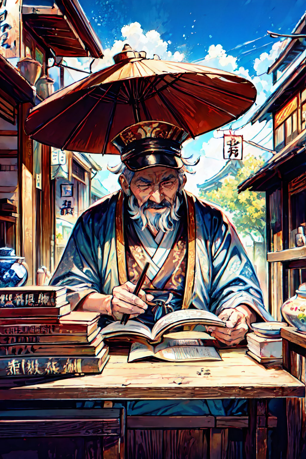 An ancient Chinese street scene, an independent and shabby small vendor, sitting there is an old gentleman, wearing an ancient Chinese hat and reading glasses, squinting and smiling, with a white beard on both sides, a white goatee on the chin, and wearing a Hanfu robe , holding a big brush in his hand and a big abacus on the table. manga style {prompt} . vibrant, high-energy, detailed, iconic, Japanese comic style, emphasizing the simplicity and serenity of a black and white Japanese manga style, clean line work, striking visuals, bold outlines, (manga influence:1.3), boichi manga style