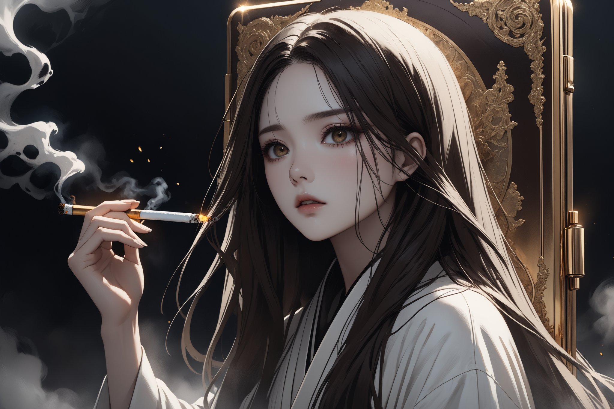 horror-themed {prompt} . eerie, unsettling, dark, spooky, suspenseful, grim, highly detailed, masterpiece, beautiful and aesthetic, ultra detail, intricate, 1female, solo, 20 years old, detailed character design, Asian beauty, feminine soft face, (pale), (dark eyes), sorrow expression, (flowing long hair, brown), (white long robe,), (hand in a small golden cigarette case:1.5), mists, in the casino