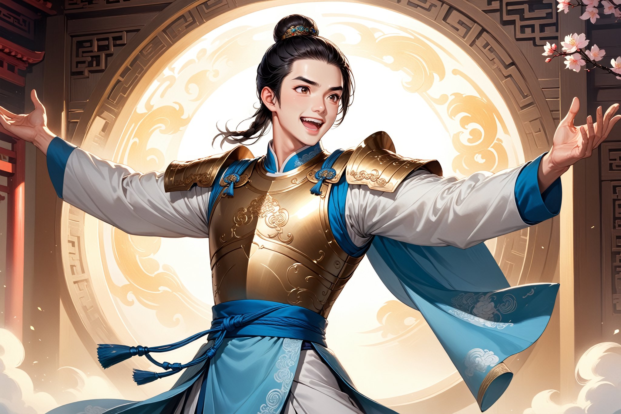 masterpiece, beautiful and aesthetic, ultra detail, intricate, (solo, 1male:1.5), 25 years old, detailed character design, Chinese mythology story, a heavenly guardian, serene expression, manly, bushy eyebrows, wide eyes, wide jaw, laugh, (black hair, a single hair bun), tall and lean, (Han Chinese clothing, armor, brown), from view, dynamic pose, standing, holding a book, creating a picturesque view of a heavenly palace, in soft and ethereal light.