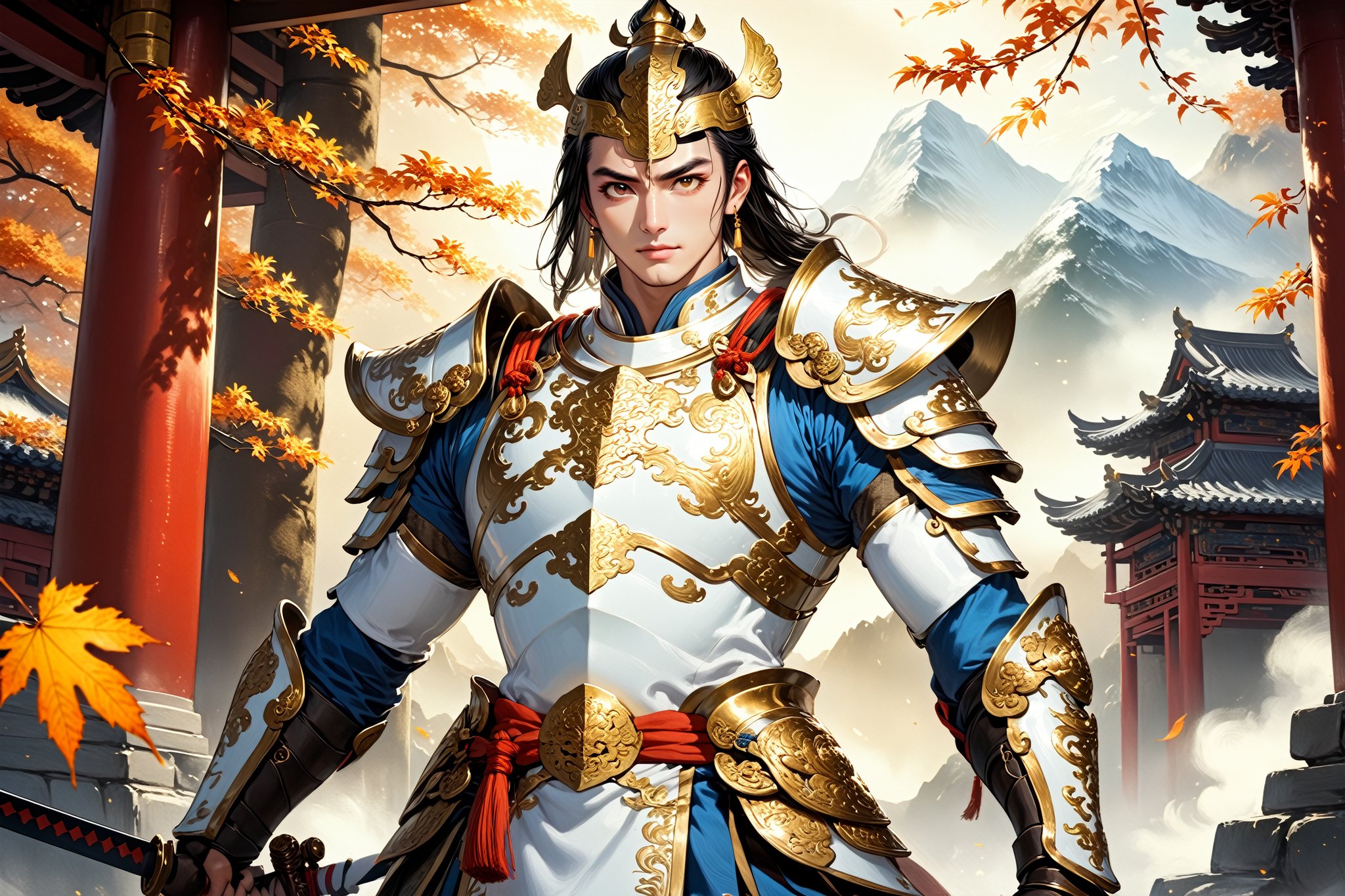 masterpiece, beautiful and aesthetic, ultra detail, intricate, (solo, 1male:1.5), 25 years old, detailed character design, a ancient Chinese knight, godlike, divine, manly, bushy eyebrows, wide eyes, wide jaw, light smile, black hair, tall and lean, (ancient Chinese armor, helmet, golden), glowing, polished metal surfaces, dynamic pose, heroic stance, dramatic lighting, glow, mountain, mists, autumn leaves fluttering around,