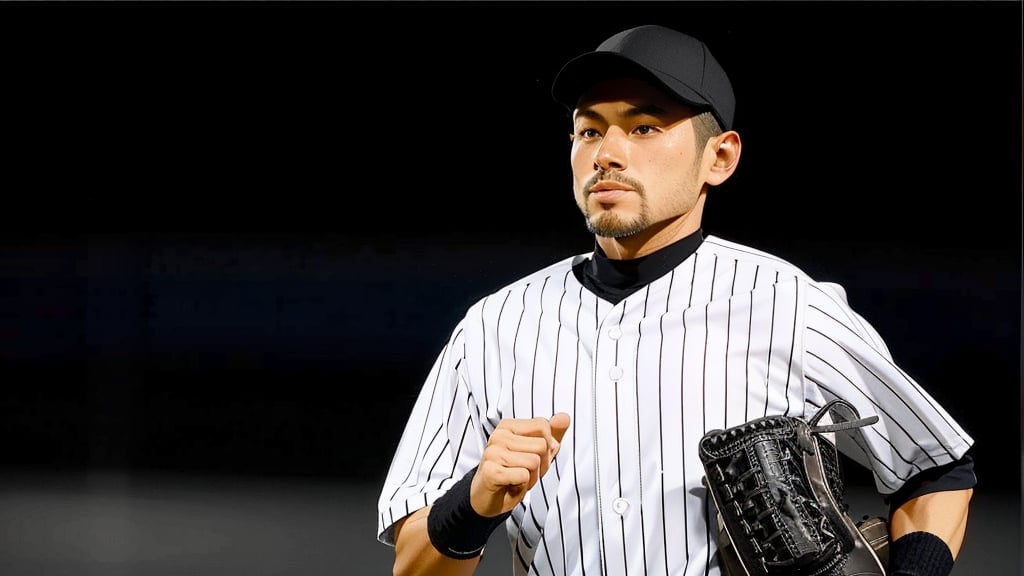 solo, 1male, Japanese, short hair, shirt, hat, standing, white shirt, male focus, parted lips, striped, facial hair, baseball cap, beard, vertical stripes, sportswear, realistic, baseball uniform, baseball mitt