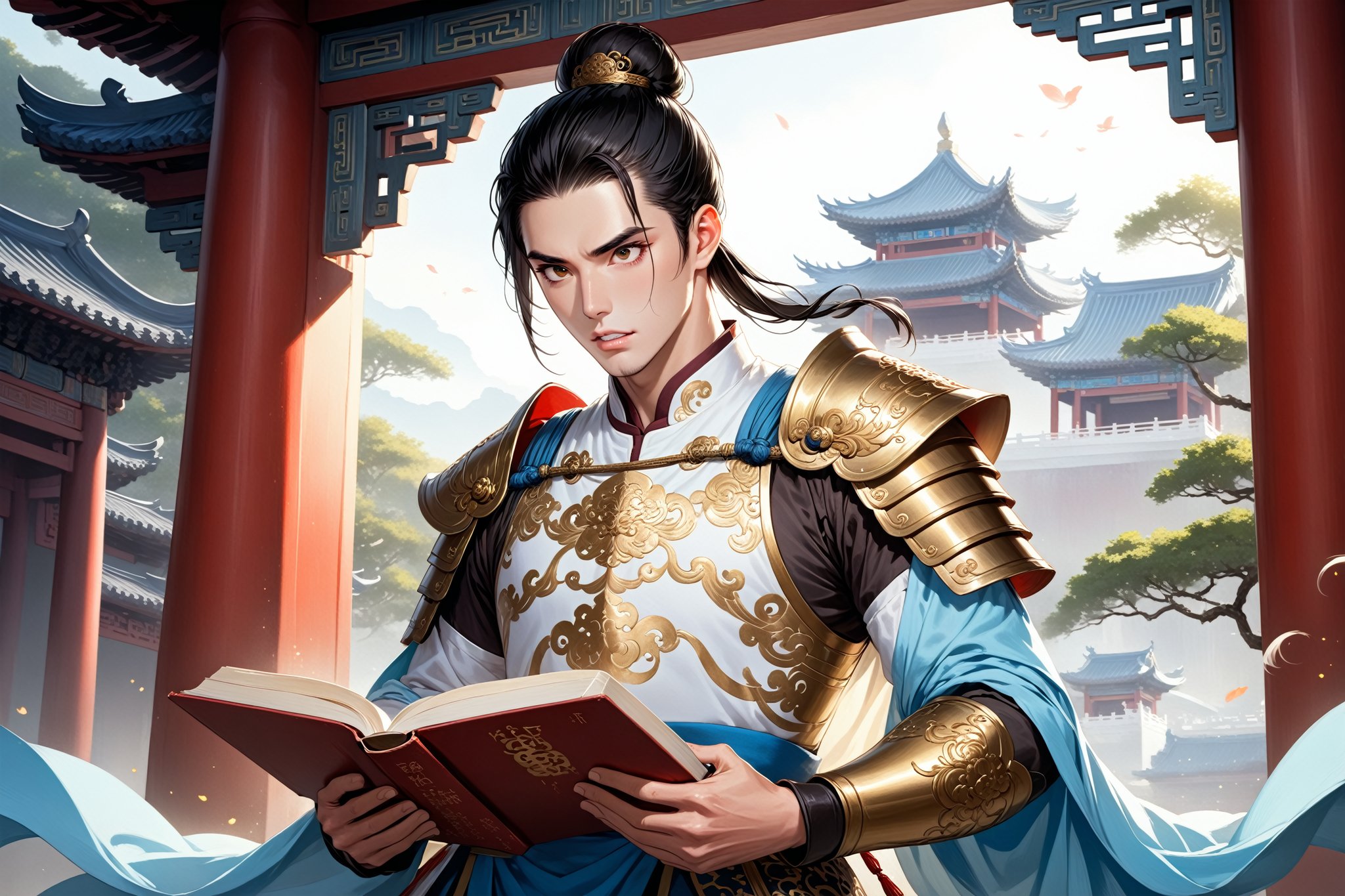 masterpiece, beautiful and aesthetic, ultra detail, intricate, (solo, 1male:1.5), 25 years old, detailed character design, Chinese mythology story, a heavenly guardian, serene expression, manly, bushy eyebrows, big eyes, (wide jaw:1.5), (black hair, a single hair bun), tall and lean, (Han Chinese clothing, armor, brown), from view, taking a book, creating a picturesque view of a heavenly palace, bathed in soft, ethereal light.