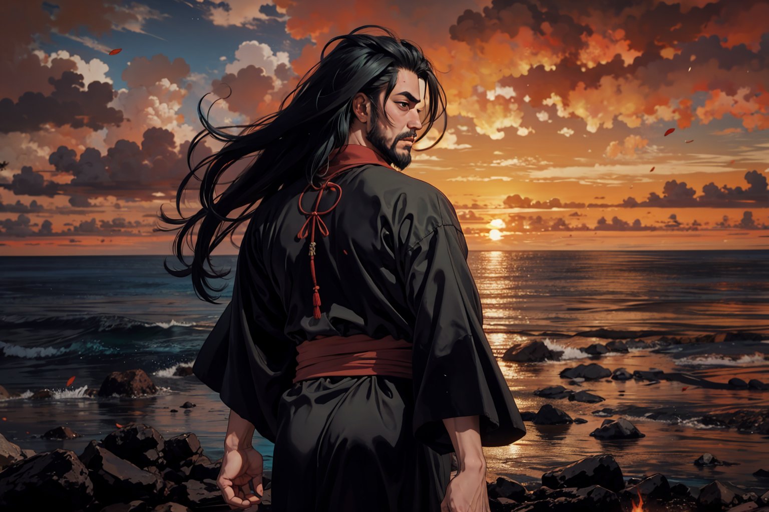 Chinese mythology story, solo, 1man, forty years old, long black hair, two beards, aqua Taoist robe, thin and tall, from behind, gazing out at a breathtaking sunset over a tranquil ocean, (accurate body and hand anatomy, four fingers and a thumb), boichi manga style