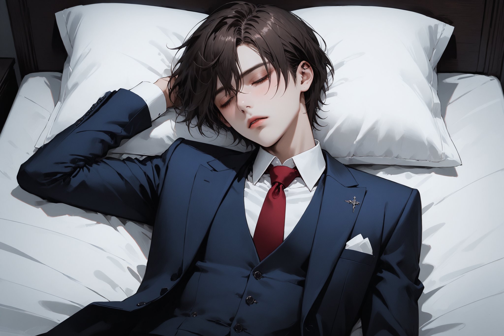 horror-themed {prompt} . eerie, unsettling, dark, spooky, suspenseful, grim, highly detailed, masterpiece, beautiful and aesthetic, ultra detail, intricate, 1male, solo, 23 years old, detailed character design, delicate face, blush, eyes half closed, (have a drowsy look), brown short hair, dark blue suit, white shirt, red tie, (top down view:1.5), dynamic pose, bold gestures, lying on bed, in the bedroom