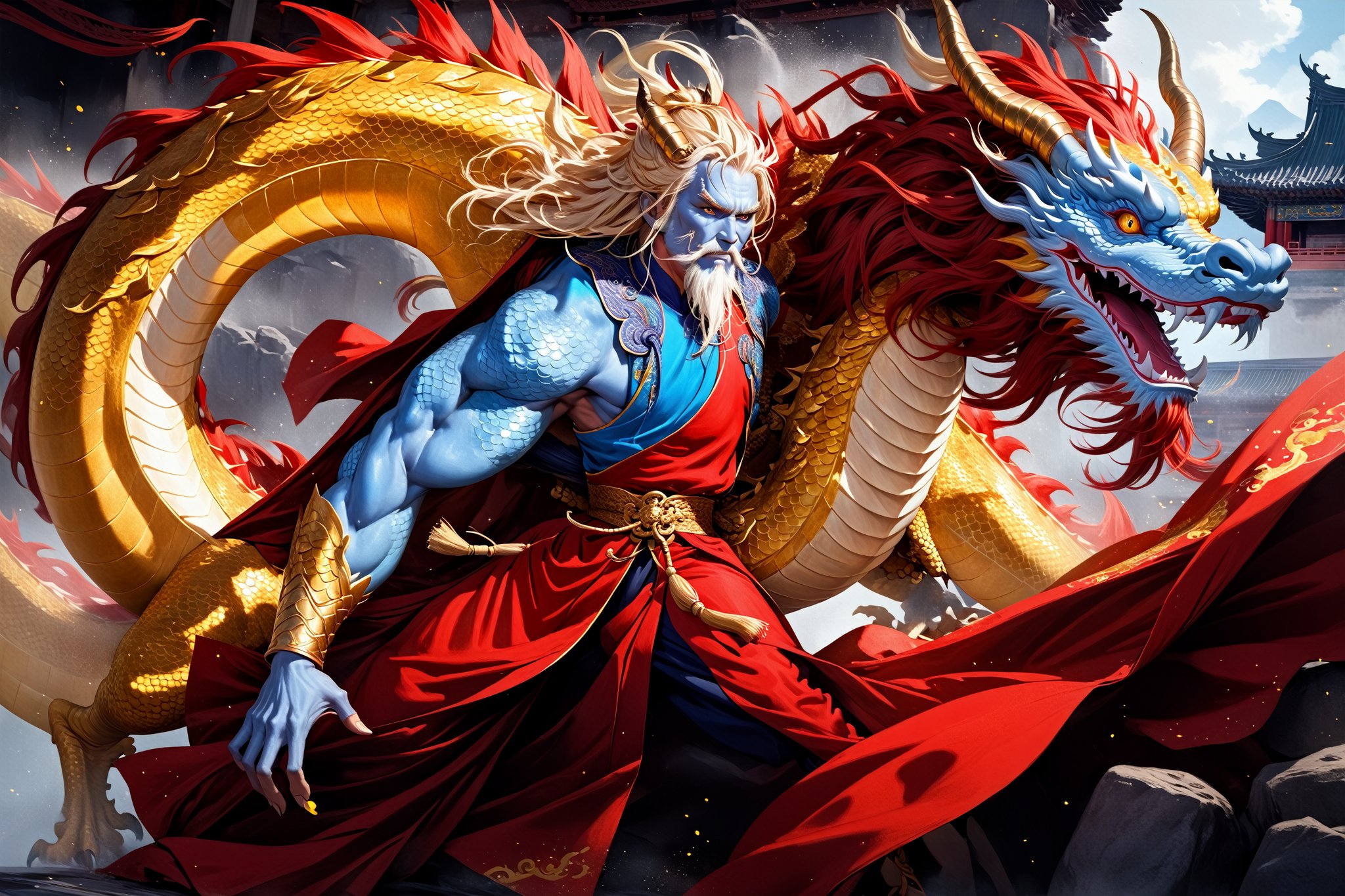 masterpiece, beautiful and aesthetic, ultra detail, intricate, 1man, solo, 55 years old, (Dragon King), detailed character design, (Chinese dragon features, dragon eyes, dragon nose, dragon beard), (messy hair, golden hair), (blue skin, glistening scales skin), tall and strong, (red imperial robe), from side, dynamic pose, Inspired by Chinese mythology story, dragon palace