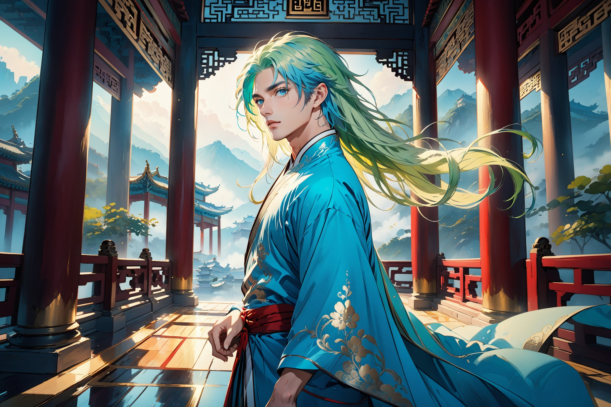 masterpiece, beautiful and aesthetic, ultra detail, intricate, solo, 1male, 25 years old, handsome, (long eyes, blue eyes), (long hair, Split-color Hair, Light Green Hair, Blue Hair), tall, (Han Chinese Clothing, green), flowing robe, radial side view, dynamic pose, heroic stance, creating a picturesque view of a heavenly palace, bathed in soft and ethereal light.