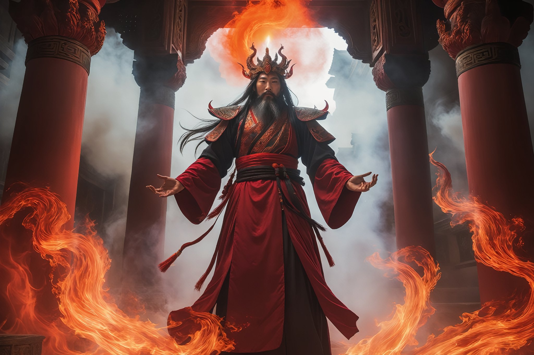 A mystical scene unfolds: a god stands amidst a dimly lit, ancient temple, surrounded by wispy curtains of smoke. The god's hands glow with fiery energy as they hold aloft a crimson-hued staff, its tip crackling with red flame magic. The air is thick with the scent of burning incense and smoldering dragon's breath, as if the very flames themselves are alive.
