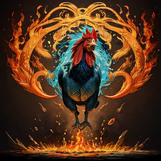 we are out of step with the fragmentation of nitrous oxide in aquifers, the breath of the snake angers the rooster Tomas, fire background, in intricate detail, splash art, fractal art, colourful, an award winning photo, detailed photo, portrait,
