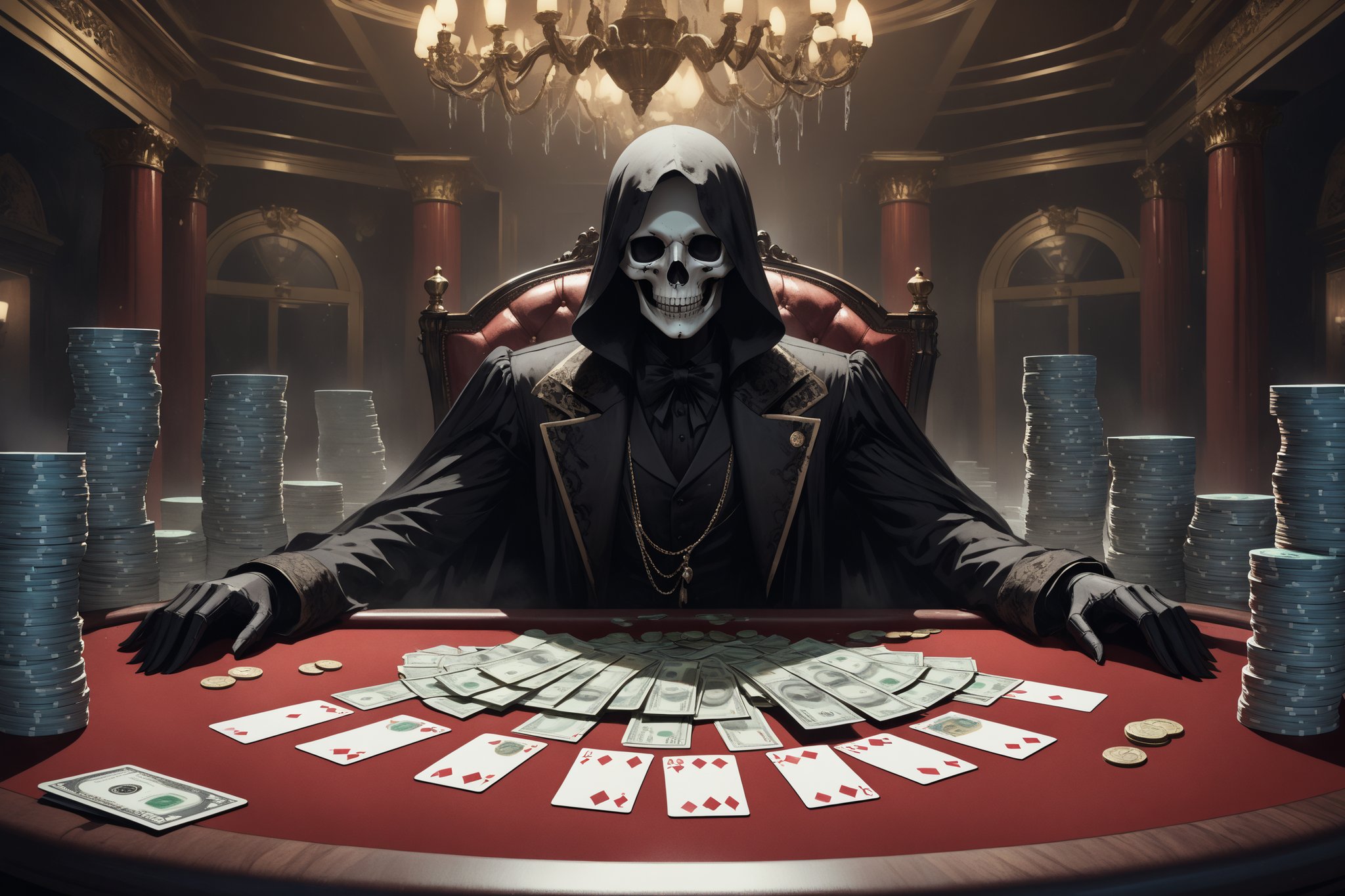 horror-themed {prompt} . eerie, unsettling, dark, spooky, suspenseful, grim, highly detailed, masterpiece, beautiful and aesthetic, ultra detail, intricate, (stacks of cash filled the card table:1.5), in the casino 