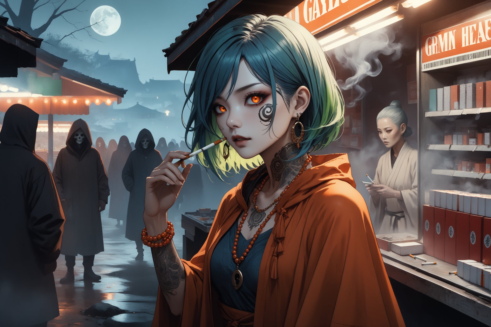 horror-themed {prompt} . eerie, unsettling, dark, spooky, suspenseful, grim, highly detailed, masterpiece, beautiful and aesthetic, ultra detail, intricate, 1female, solo, 45 years old, detailed character design, Asian, mysterious, (facial tattoo:1.2), ghostly eyes, crescent earrings, (medium hair disheveled, Split-color Hair, Deep Green Hair, Blue Hair), small body, full figure, deep orange poncho, bead_necklace, bead_bracelet, dynamic pose, outdoors, (working in cigarettes stall:1.5), (multiple people behind:1.5), night moon