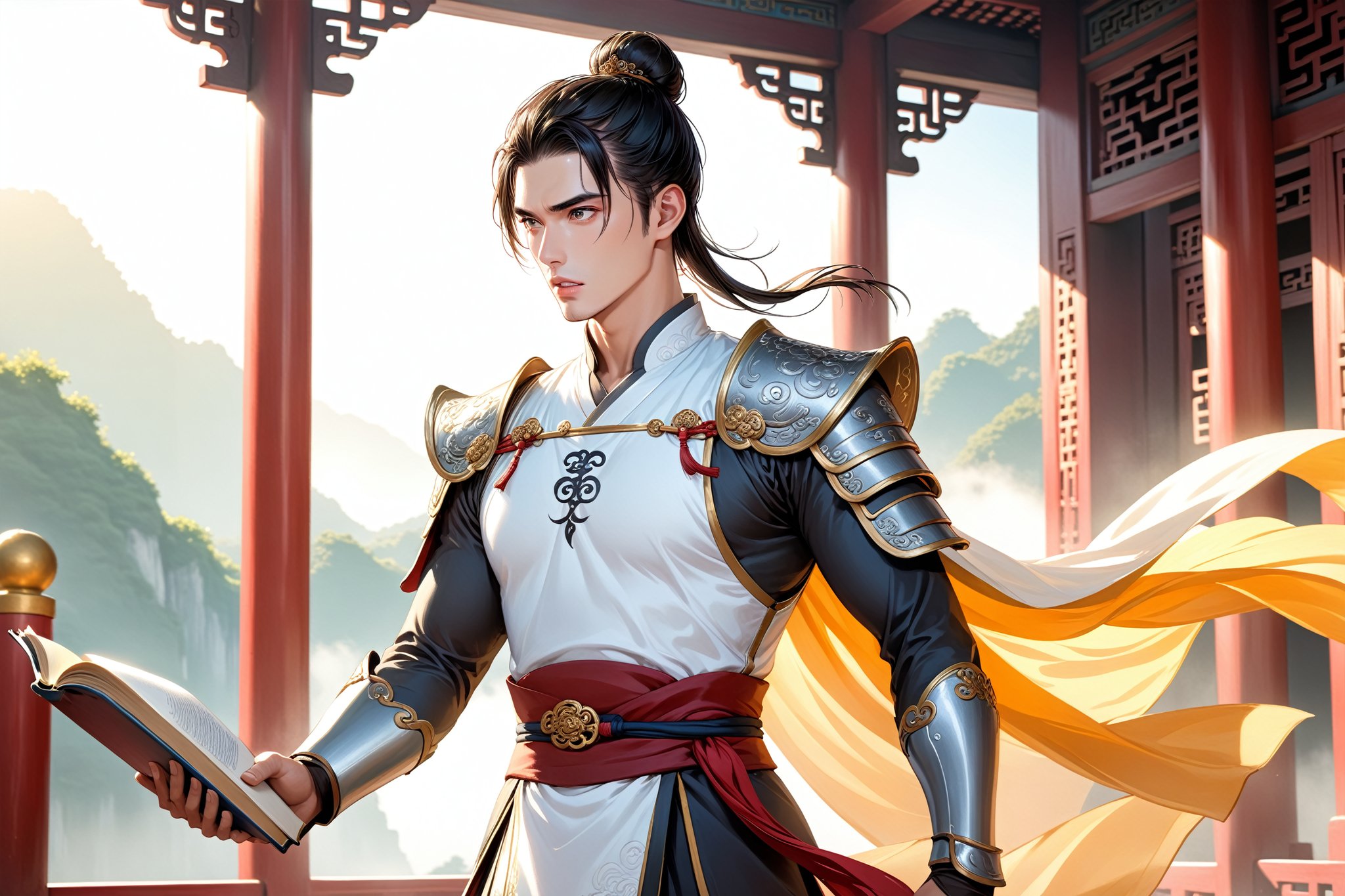 masterpiece, beautiful and aesthetic, ultra detail, intricate, (solo, 1male:1.5), 25 years old, detailed character design, Chinese mythology story, a heavenly guardian, serene expression, manly, bushy eyebrows, big eyes, (wide jaw:1.5), (black hair, a single hair bun), tall and lean, (Han Chinese clothing, armor, brown), upper body, dynamic pose, standing, holding a book, creating a picturesque view of a heavenly palace, bathed in soft, ethereal light.