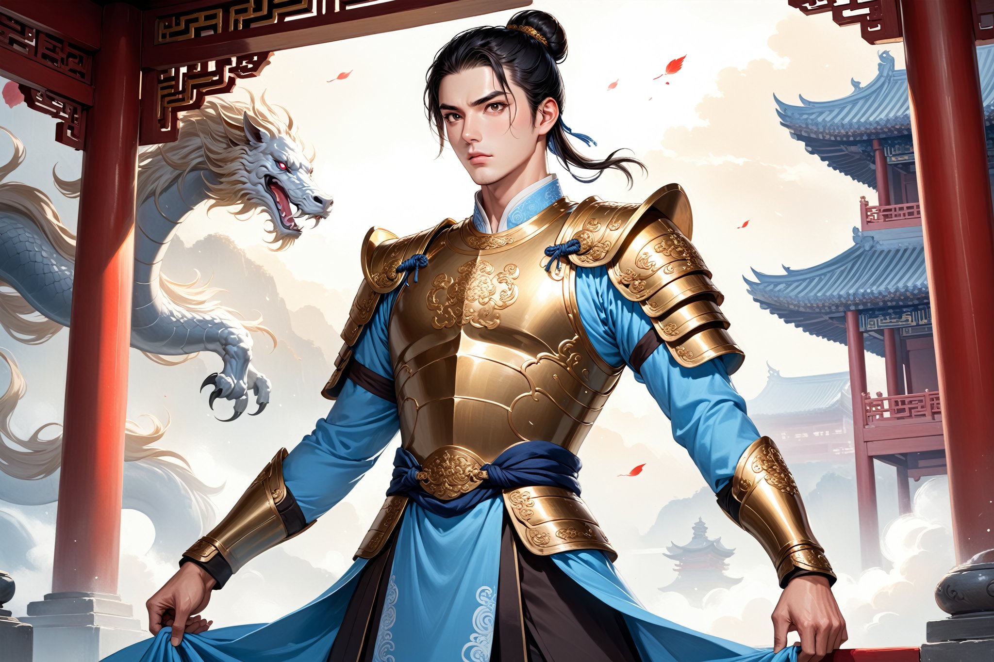 masterpiece, beautiful and aesthetic, ultra detail, intricate, (solo, 1male:1.5), 25 years old, detailed character design, Chinese mythology story, a heavenly guardian, serene expression, manly, bushy eyebrows, wide eyes, wide jaw, (black hair, a single hair bun), tall and lean, (Han Chinese clothing, armor, brown), straight on, dynamic pose, standing, holding a book, creating a picturesque view of a heavenly palace, bathed in soft, ethereal light.