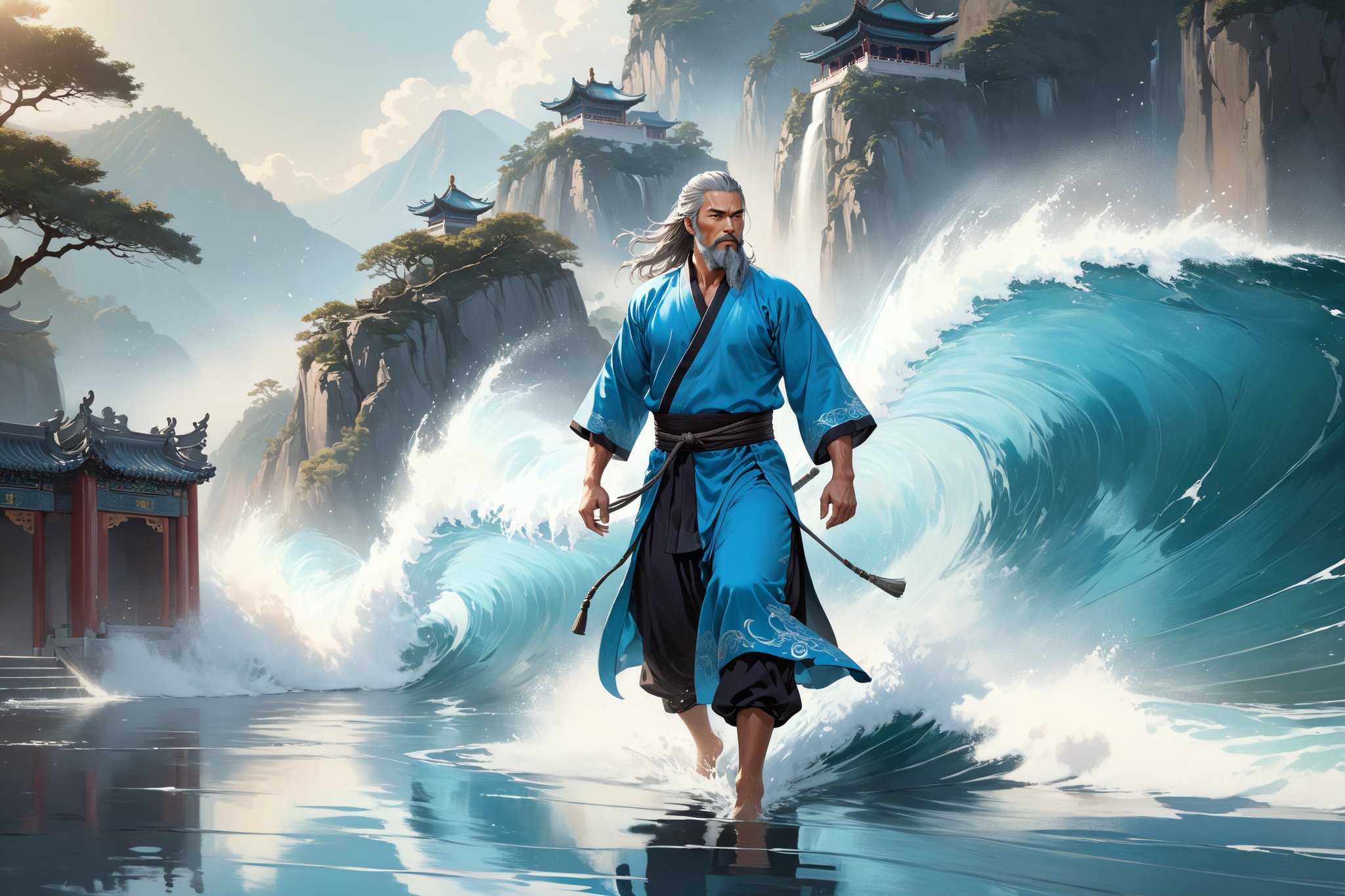 masterpiece, beautiful and aesthetic, ultra detail, intricate, Chinese martial arts animation style, divine, manly, legendary, 1male, solo, (40 years old:1.5), detailed character design, a look of determination, two beards, long grey hair, tall and thin, aqua Taoist robe, medium shot, dynamic pose, walking on water, creating a picturesque view of a heavenly palace, wave, bathed in soft and ethereal light.