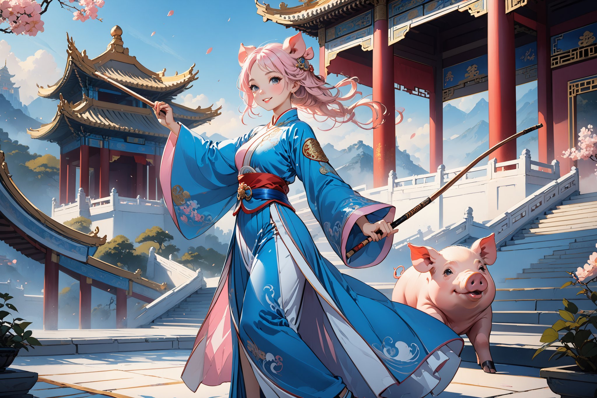 masterpiece, beautiful and aesthetic, ultra detail, intricate, solo, (1female, Pig features, Pig ears), detailed character design, smile sweetly, light pink skin, silver hafu, wide sleeves, blue long skirt, she holding a long stick, (from side:1.5), dynamic pose, Chinese martial arts animation style, outdoors, heavenly palace, countless palaces