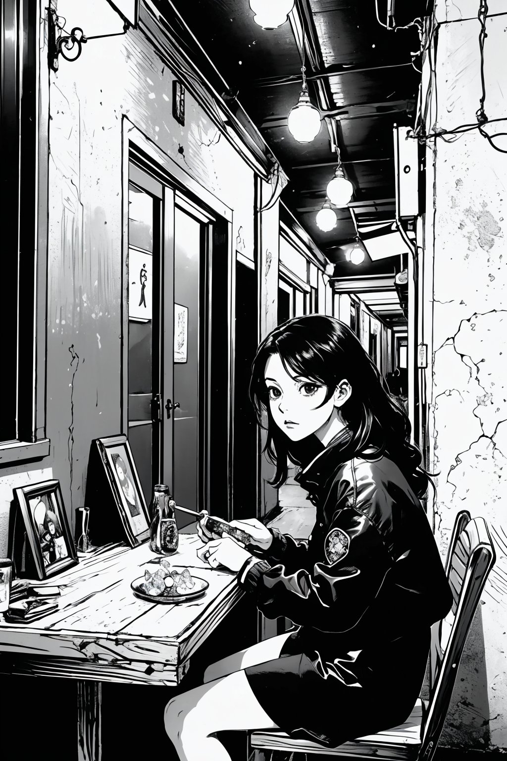boichi manga style, monochrome, greyscale, in a corner of an alley, under dim street lights, a female astrologer set up a small stall. There was a crystal ball on the table that could predict the future. She sat behind the stall, waiting guest, ((masterpiece))