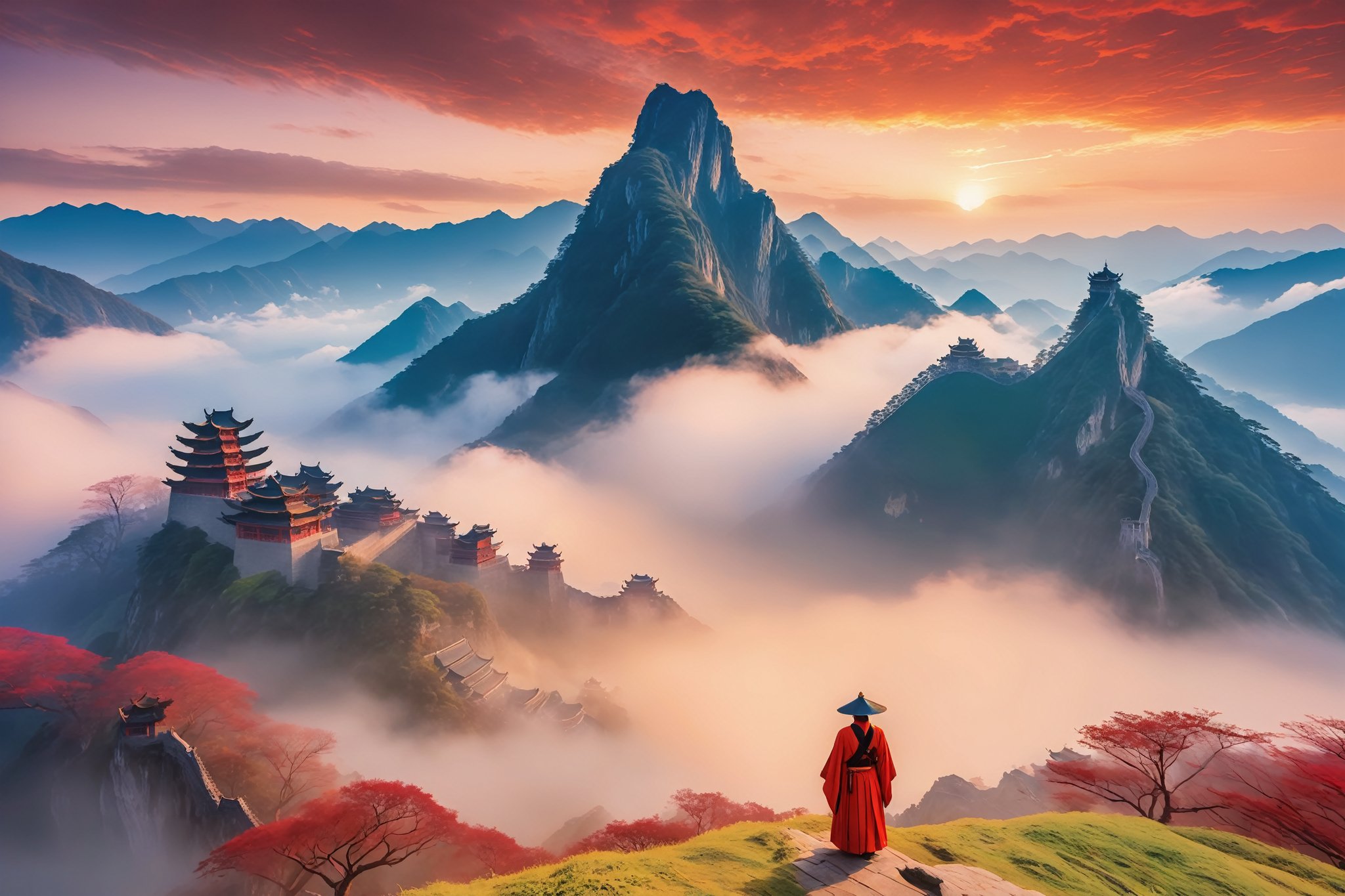 Against a backdrop of swirling mist and cloud-enshrouded peaks, a majestic dragon's back rises from the rugged terrain of Longmen Mountain, its scales glistening with an otherworldly sheen. In the foreground, a lone figure stands at the mountain's foot, their determined gaze fixed on the mythical beast above. Vibrant hues of crimson and gold dance across the scene, evoking a sense of ancient mysticism.