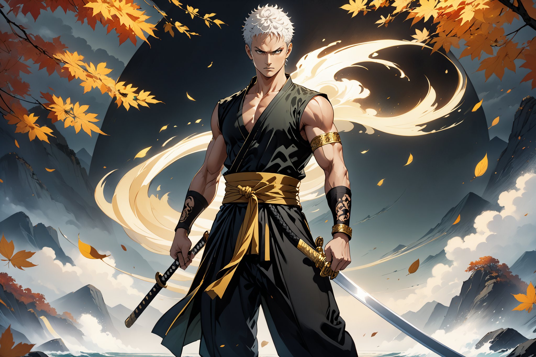 masterpiece, beautiful and aesthetic, ultra detail, intricate, 1male, solo, representation of the legendary martial artist, Roronoa Zoro features, detailed character design, serious expression, (white hair), exquisite body, strong abdominal muscles, (golden armlet:1.2), (black half gloves), black martial arts belt, (black Hanfu, sleeveless), black lace-up ankle brace, (he wields a single golden broadsword, unique and finely detailed), (full body:1.5), dynamic pose, he stands tall and resolute, exuding an air of strength and unwavering determination. Chinese martial arts animation style, autumn leaves fluttering around, Inspired by Chinese mythology story