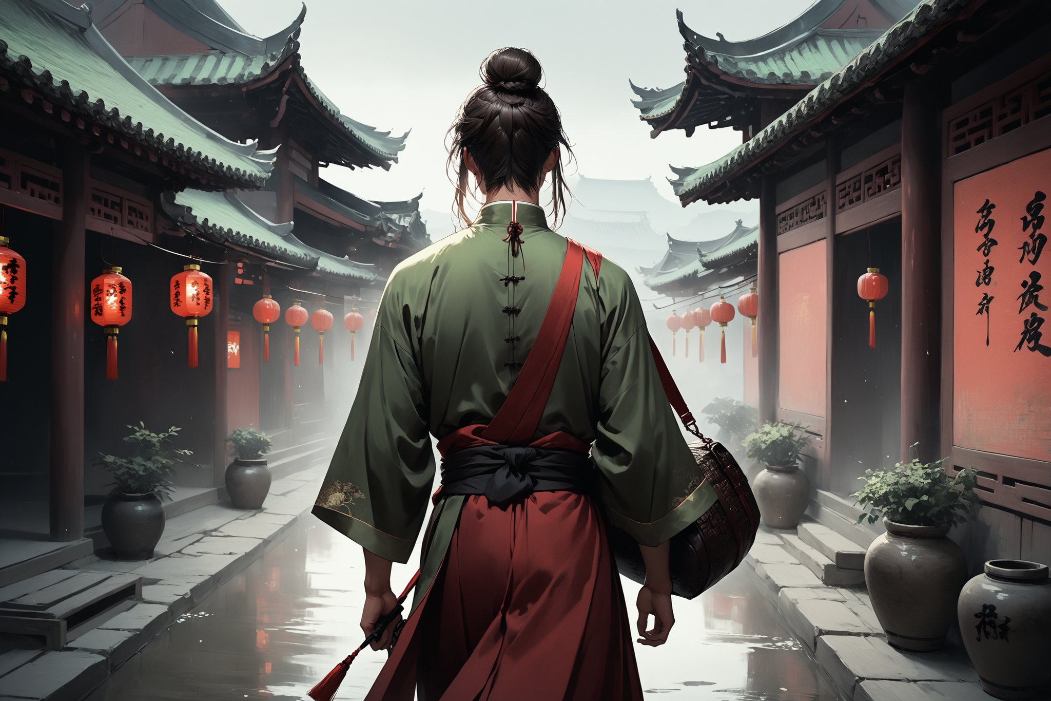 Dark Moody Atmosphere, {prompt}, dramatic, mysterious, dark moody atmosphere, masterpiece, beautiful and aesthetic, ultra detail, intricate, 1male, solo, 23 years old, detailed character design, delicate face, light green eyes, brown long hair, a bun, red hanfu, (back view:1.5), dynamic pose, action packed, (carrying a big bag), walking in the ancient China village