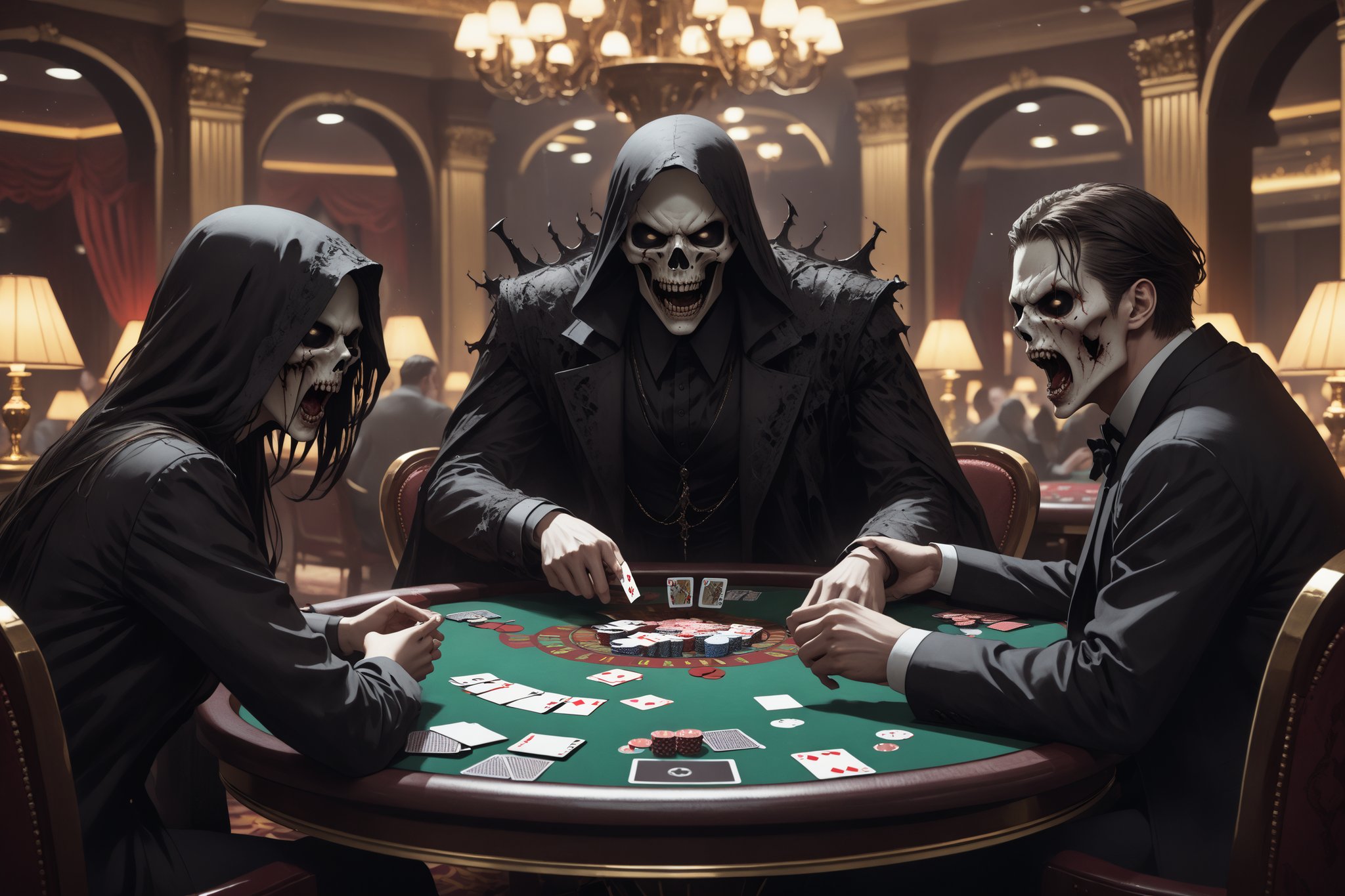 horror-themed {prompt} . eerie, unsettling, dark, spooky, suspenseful, grim, highly detailed, masterpiece, beautiful and aesthetic, ultra detail, intricate, (people play cards), angry, fury, screaming, yelling, card table, in the casino