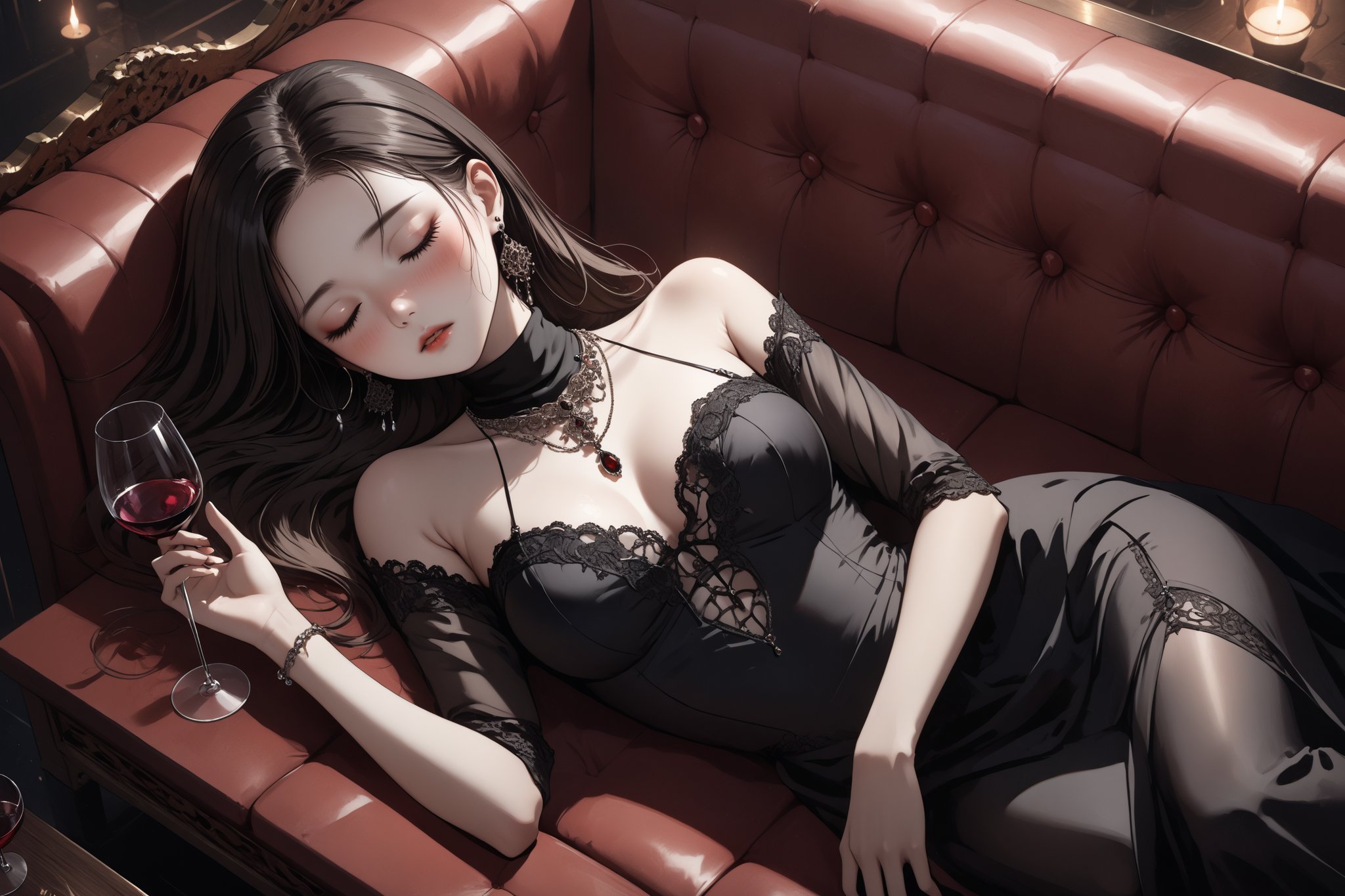 horror-themed {prompt} . eerie, unsettling, dark, spooky, suspenseful, grim, highly detailed, masterpiece, beautiful and aesthetic, ultra detail, intricate, 1female, solo, 20 years old, detailed character design, Asian beauty, pure, romantic mood, feminine soft face, closed eyes, asleep, (blush:1.5), jewelry earrings, (flowing long hair, brown), detail skin, pore, big breasts, curvaceous, slender waist, (A sleek black turtleneck dress), jewelry necklace, (from above), random pose, lying in the couch, wines on the table, indoors, night club, people dancing around