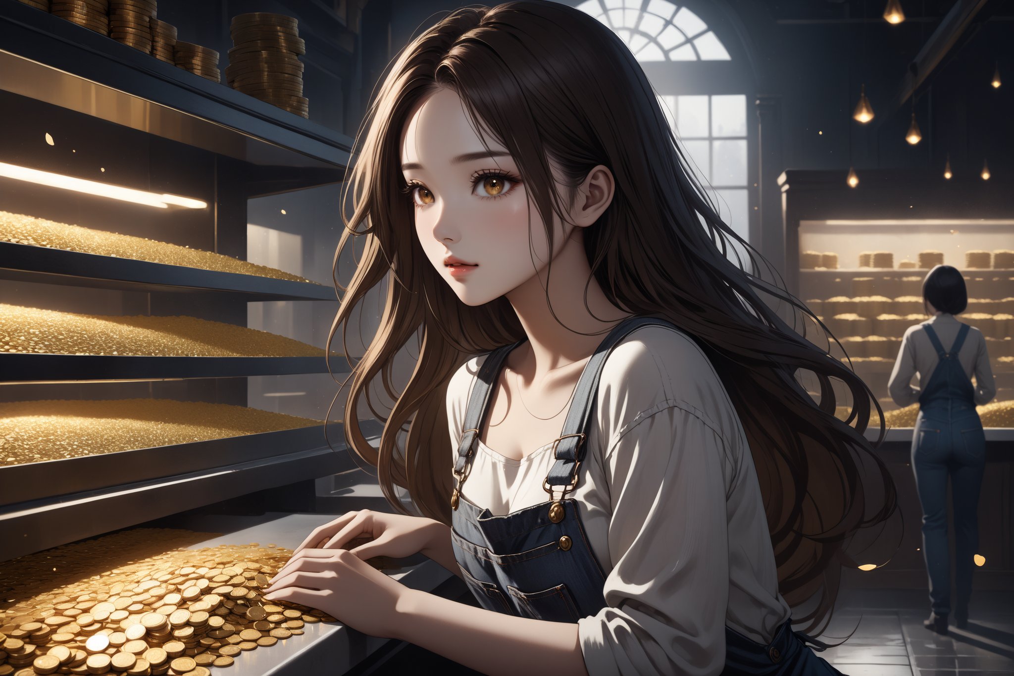 Dark Moody Atmosphere, {prompt}, dramatic, mysterious, dark moody atmosphere, masterpiece, beautiful and aesthetic, ultra detail, intricate, 1female, solo, 20 years old, detailed character design, Asian beauty, pure, romantic mood, feminine soft face, (dreamlike expression), golden eyes, light smile, (flowing long hair, brown), detail skin, pore, curvaceous, slender waist, big breasts, denim dungarees, (counting gold coins), standing in the front of counter, stacks of gold coins on counter