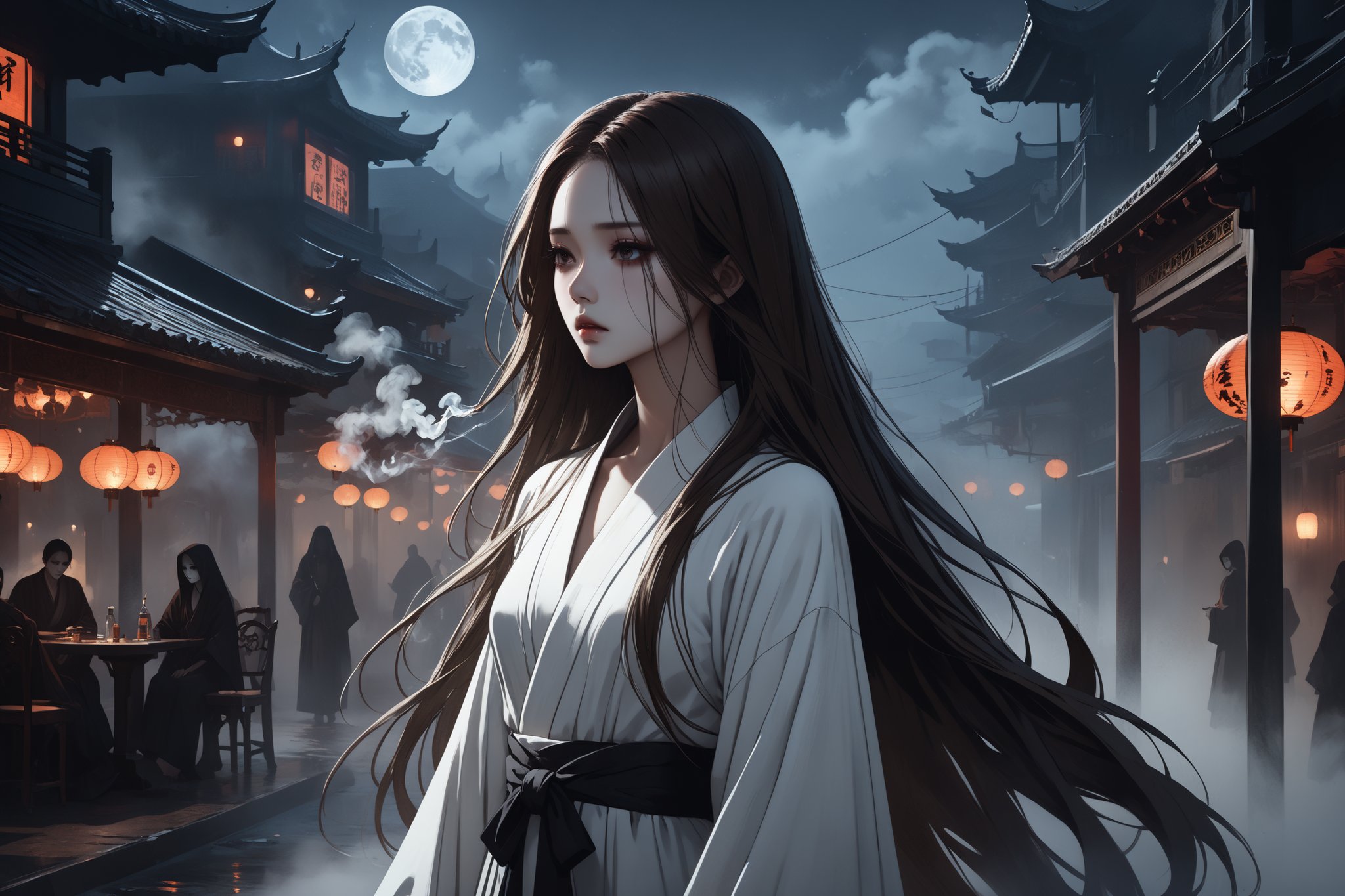 horror-themed {prompt} . eerie, unsettling, dark, spooky, suspenseful, grim, highly detailed, masterpiece, beautiful and aesthetic, ultra detail, intricate, 1female, solo, 20 years old, detailed character design, Asian beauty, feminine soft face, (pale), (dark eyes), sorrow expression, (flowing long hair, brown), (white long robe,), (she took a deep drag on the cigarette, then blew the smoke towards the air), outdoors, night club street, mists, night moon