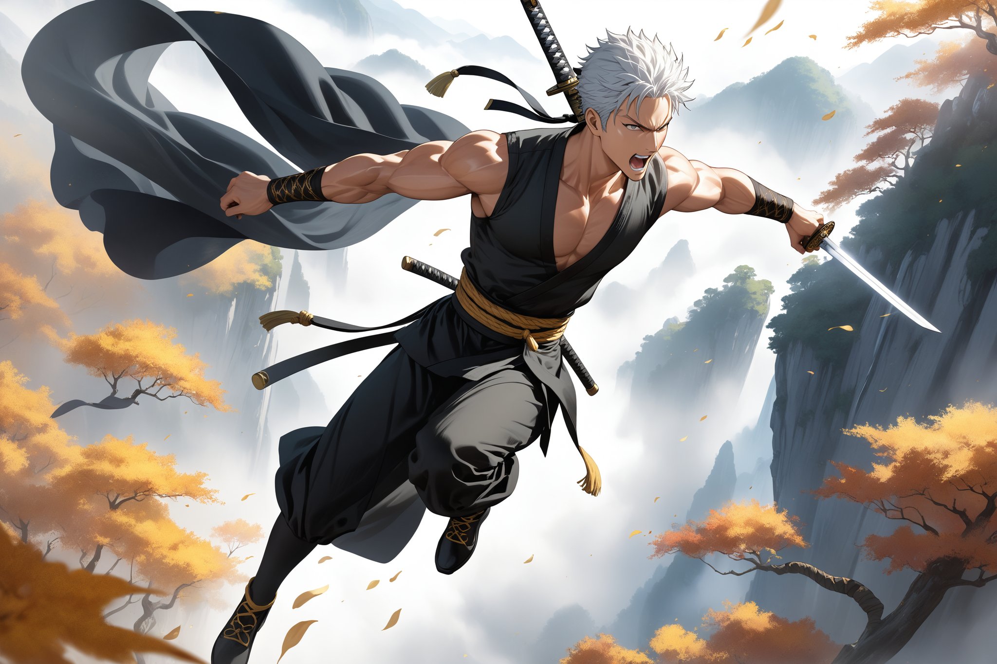 masterpiece, beautiful and aesthetic, ultra detail, intricate, 1male, solo, Roronoa Zoro features, detailed character design, fierce expression, open mouth, yelling, (white hair), exquisite body, strong abdominal muscles, (golden armlet:1.2 ), (black half gloves), black martial arts belt, (black Hanfu, sleeveless), black lace-up ankle brace, (he holds the golden sword high in both hand:2), (leaping in the air:2), (from above:1.5), dynamic pose, dramatic arc of light and shadow, Chinese martial arts animation style, peak, white smokes, mists. forests, mists, autumn leaves fluttering around